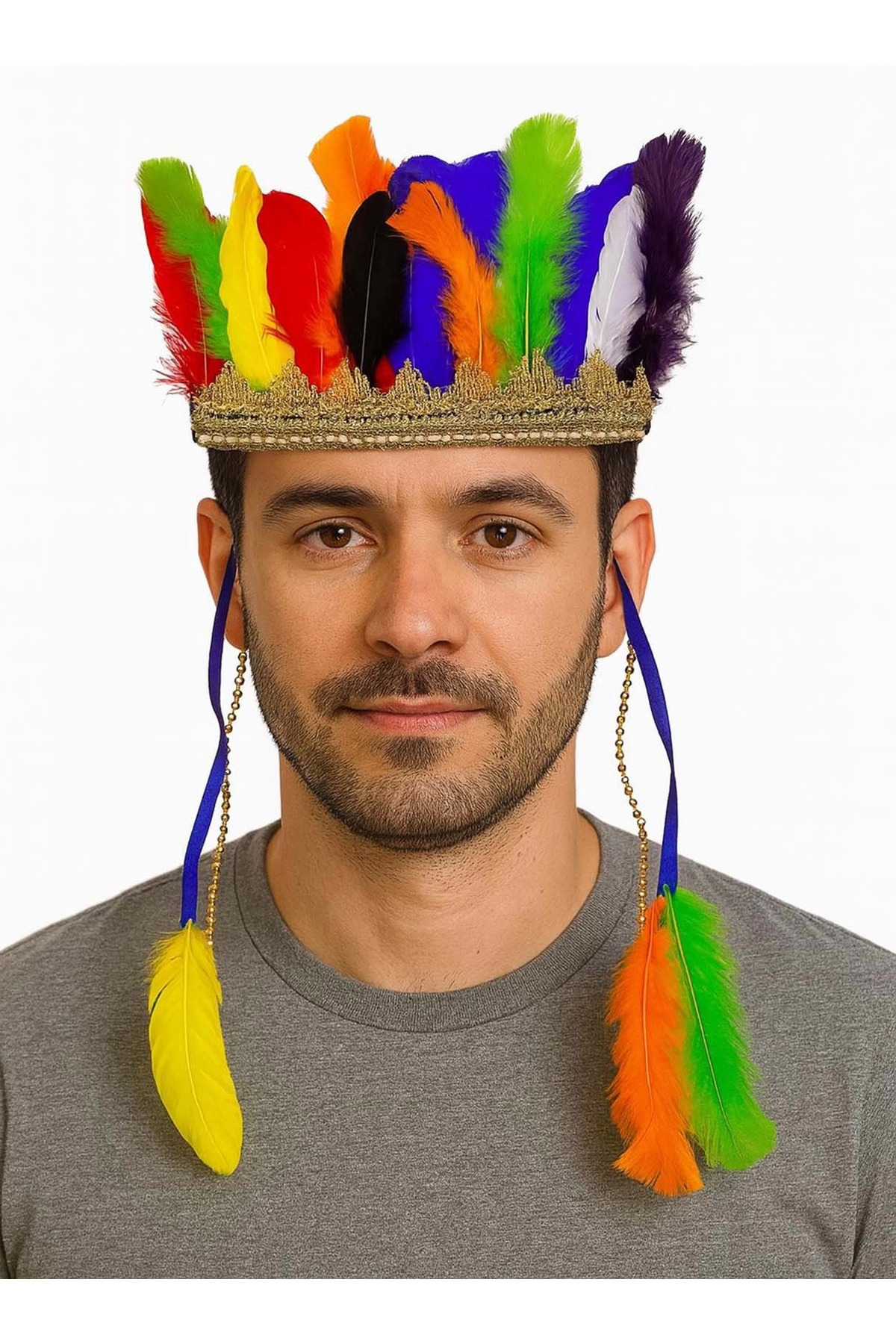 Ronanna Rengarenk Tüylerle İşlenmiş Lastikli Kızılderili Başlığı