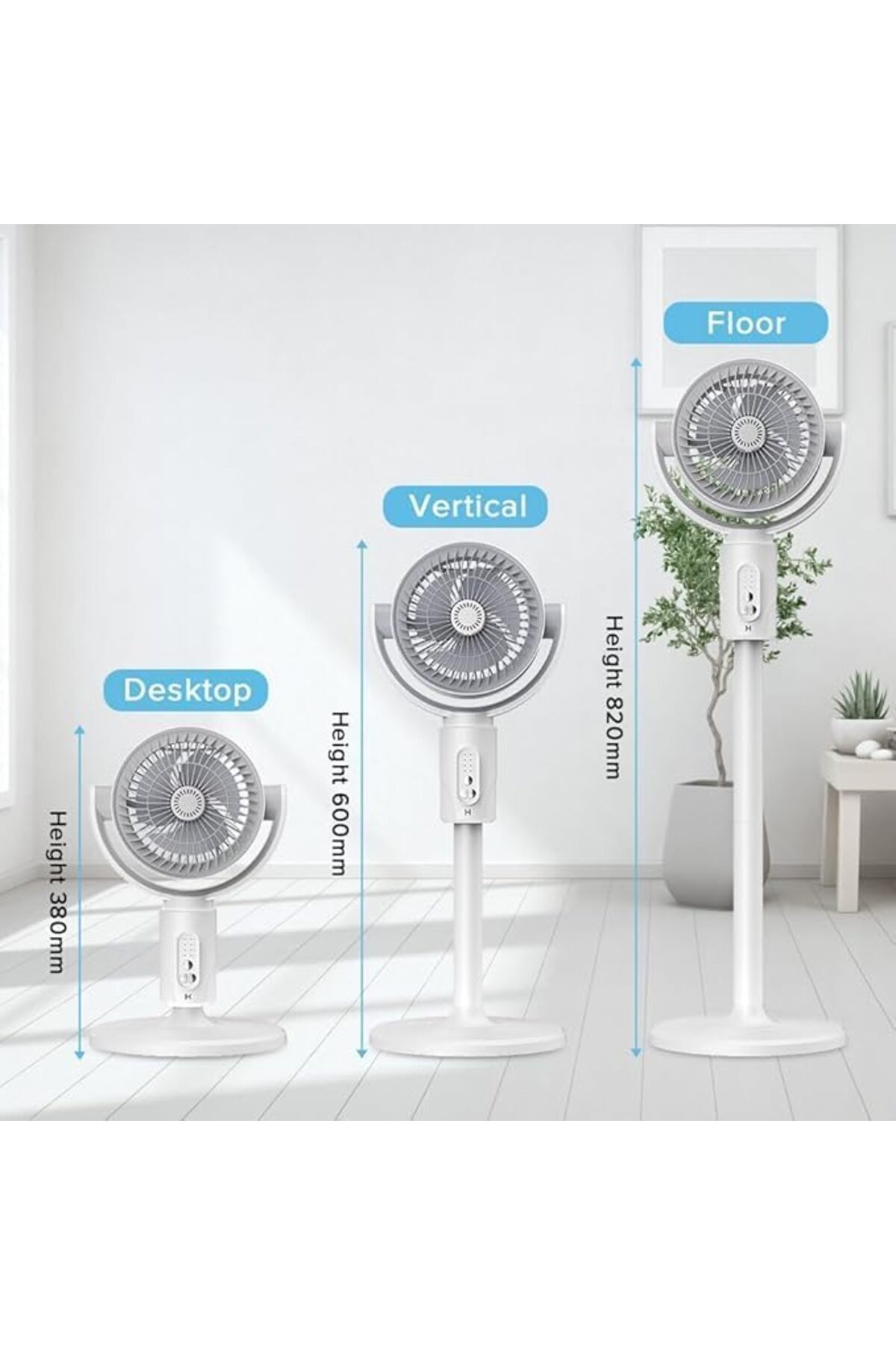 Generic-Rechargeable Fan with 90°+360° Rotation: Adjustable 3-Height Floor Fan with 5-Speed Quiet Air Circ 5