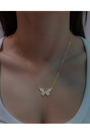 Love Good Parıltılı Kelebek Figürlü Gold Kolye - Paslanmaz Çelik