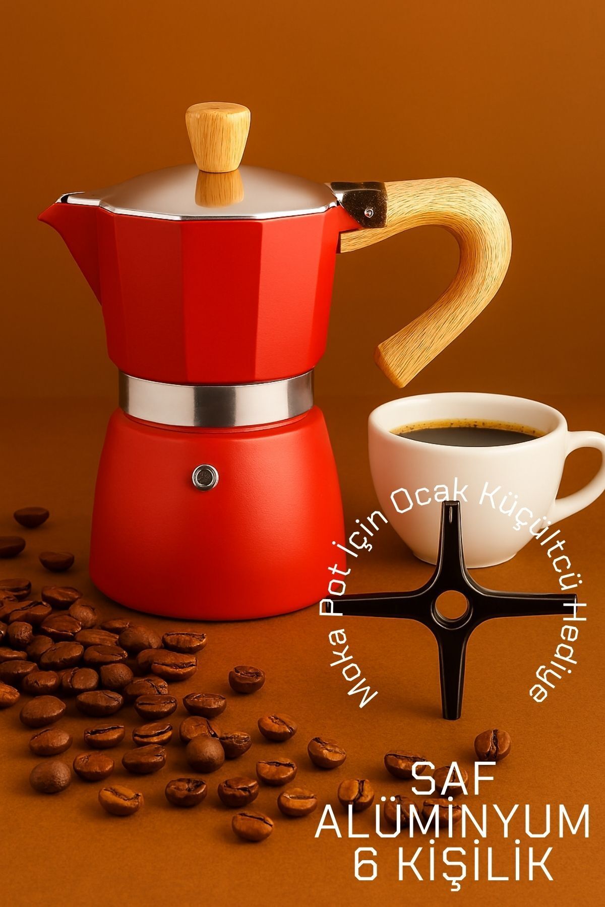 Transformacion Italyan Moka Pot - 6061 Saf Alüminyum Ahşap Saplı - 6 kişilik KIRMIZI 722066
