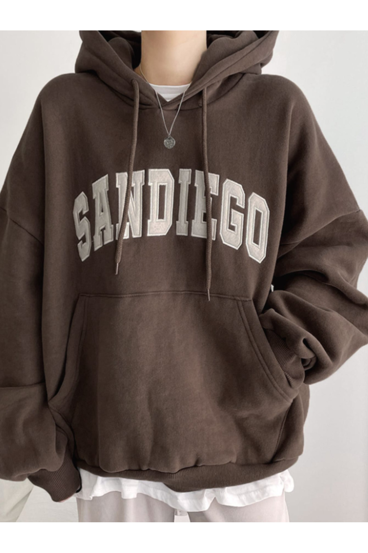 Unisex Erkek/Kadın SANDIEGO Renkli Özel Baskılı Pamuklu Oversize Kapüşonlu Sweatshirt — قهوه‌ای SANDIEGO-REVASSER- — تصویر 2 از 5