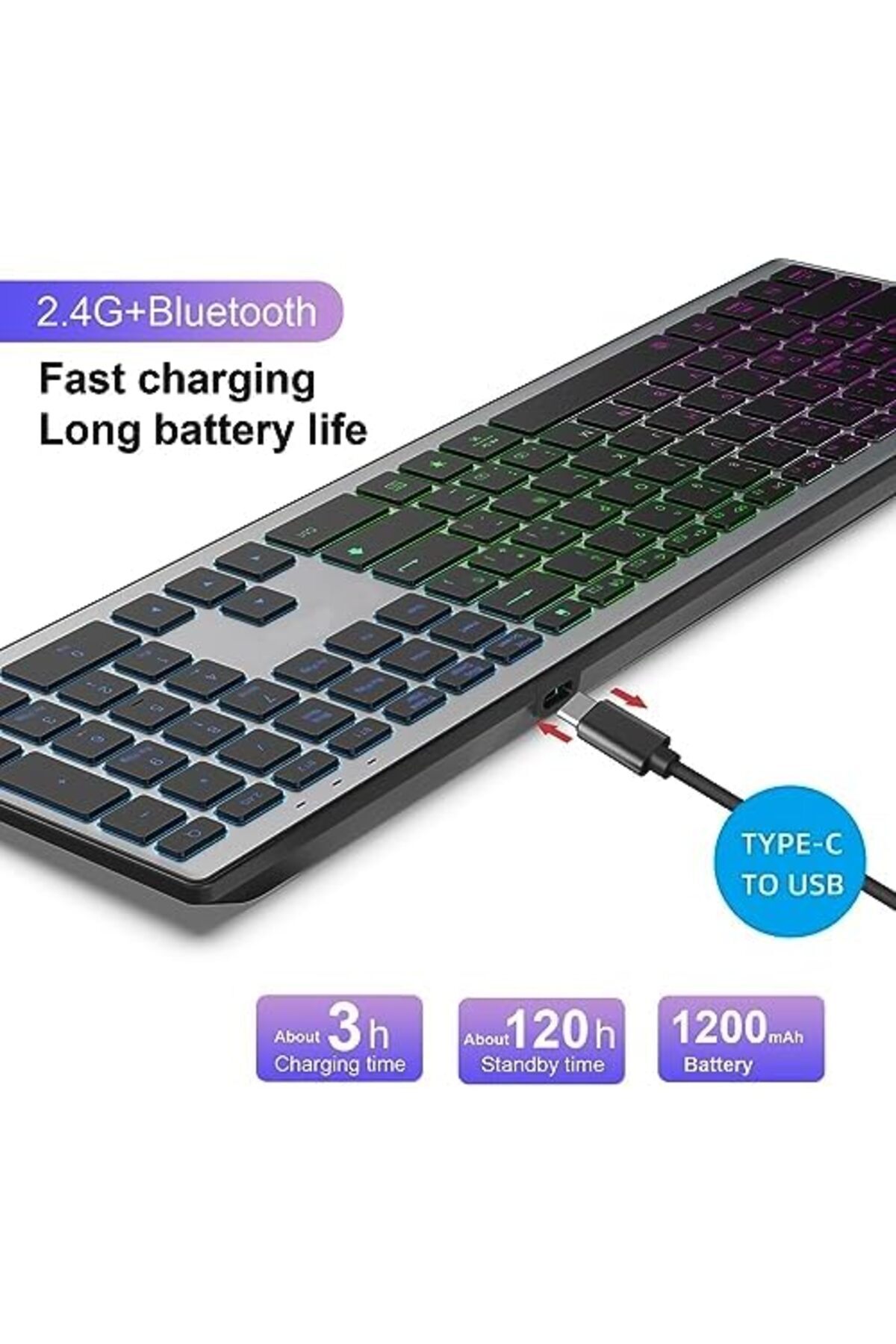 ZIENSTAR--Full Size Wireless Bluetooth Keyboard Rechargeable, Multi-Device Silent Click, RGB Backligh 8