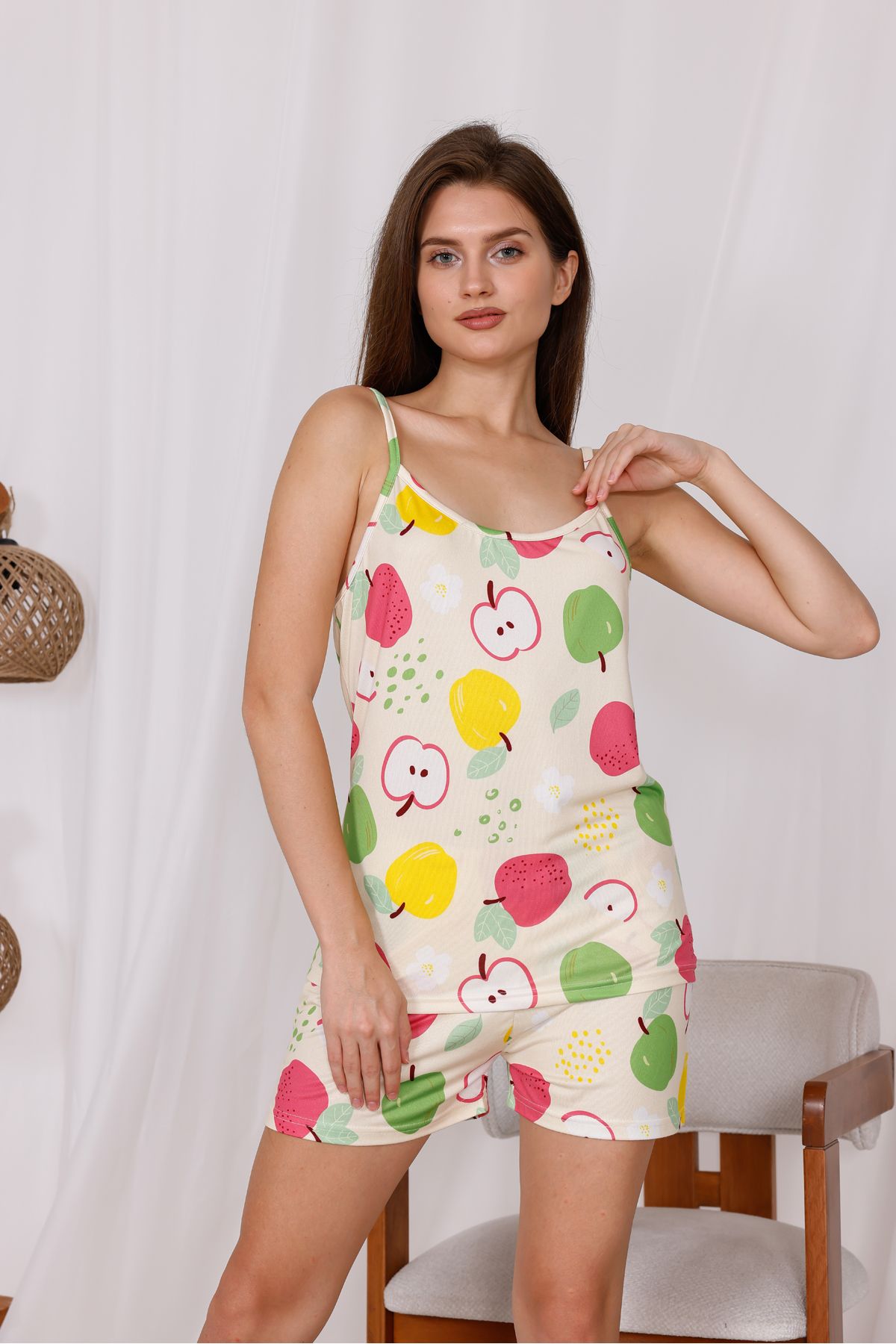 Arvin Pijama-Apples Printed Soft Textured Fabric Knitted Pajama Set with String Strap Shorts 5