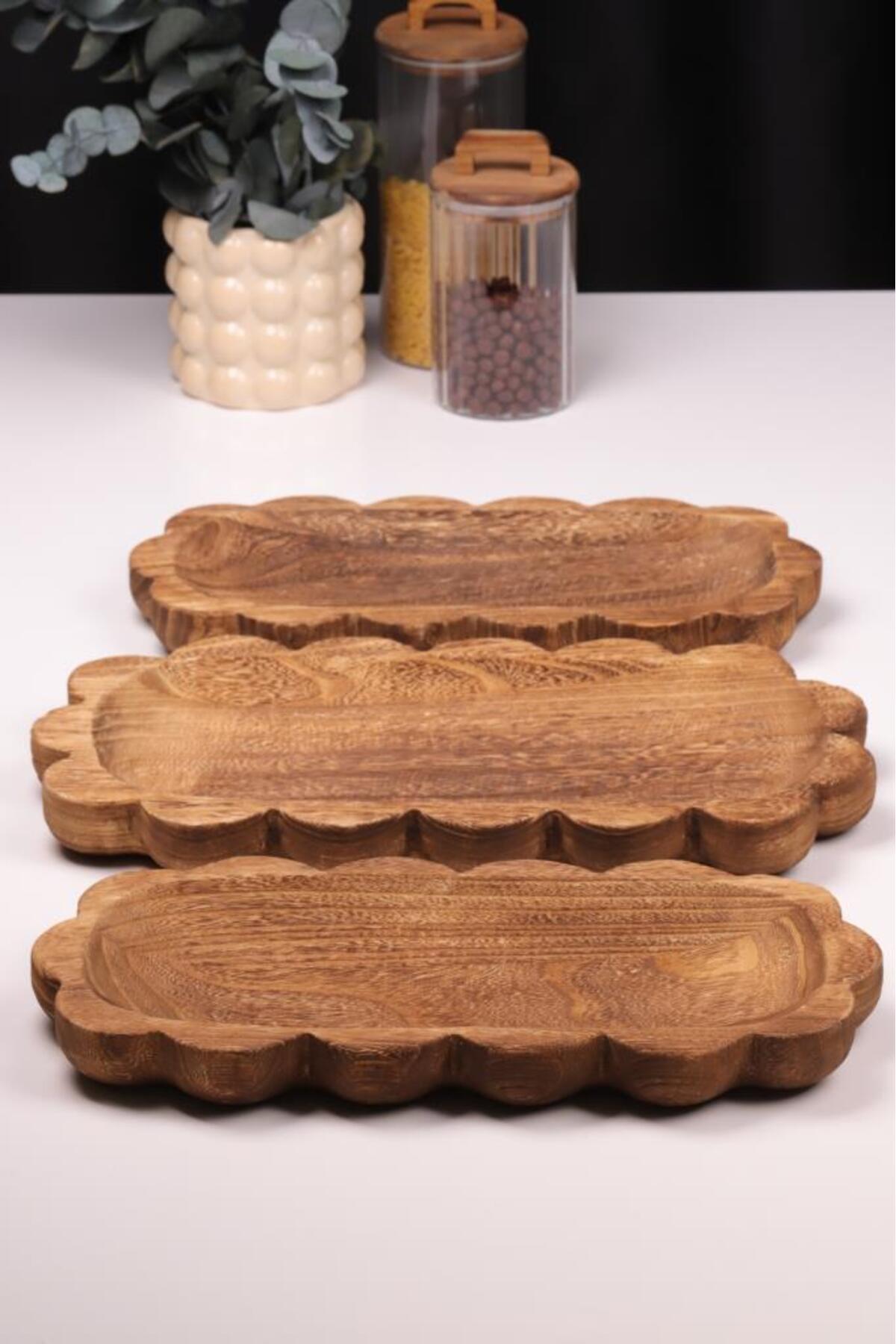 Bambum-3 Piece Pavlonya Noir Wavy Edge Wooden Presentation Set – Round and Rectangular Footed Service t 4