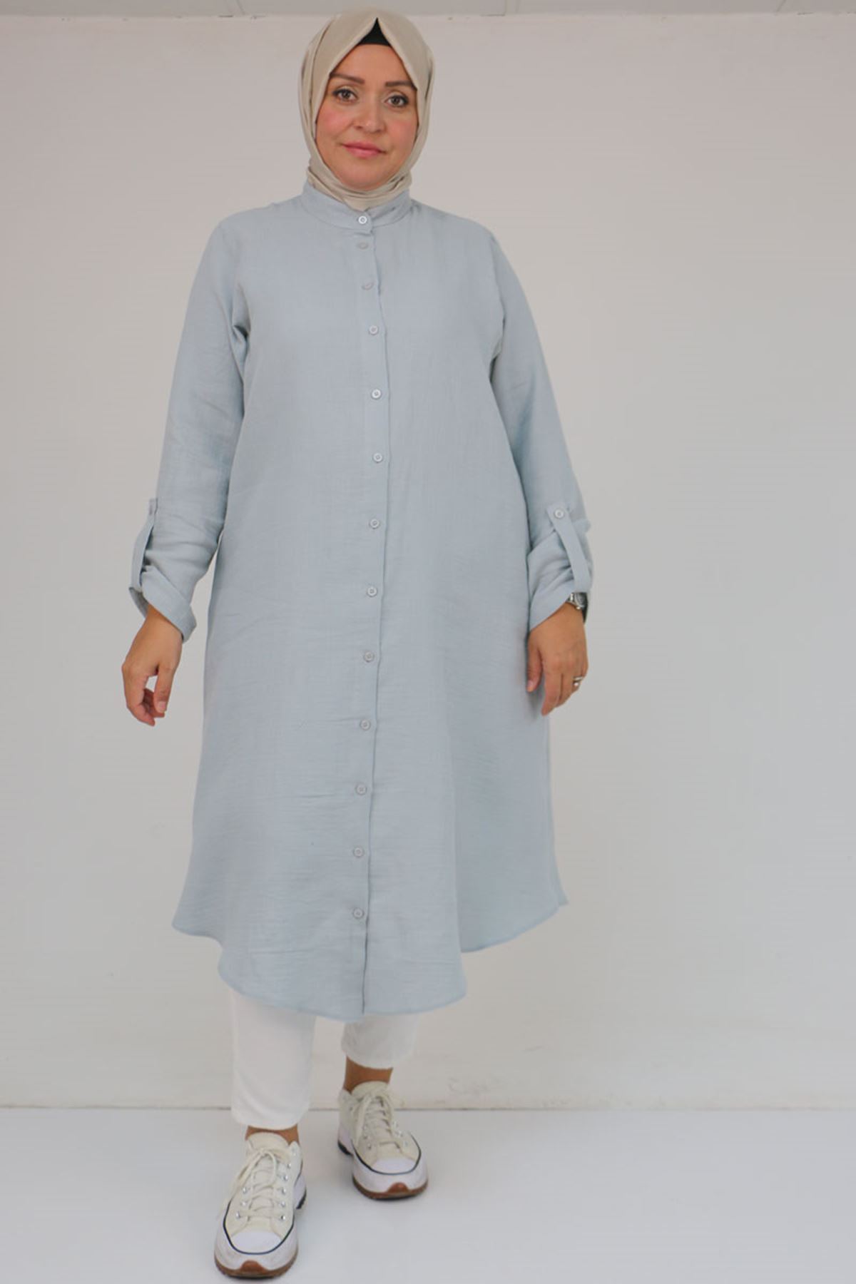 Eslina 58092 Büyük Beden Çift Düğme Detaylı Müslin Gömlek - Gri