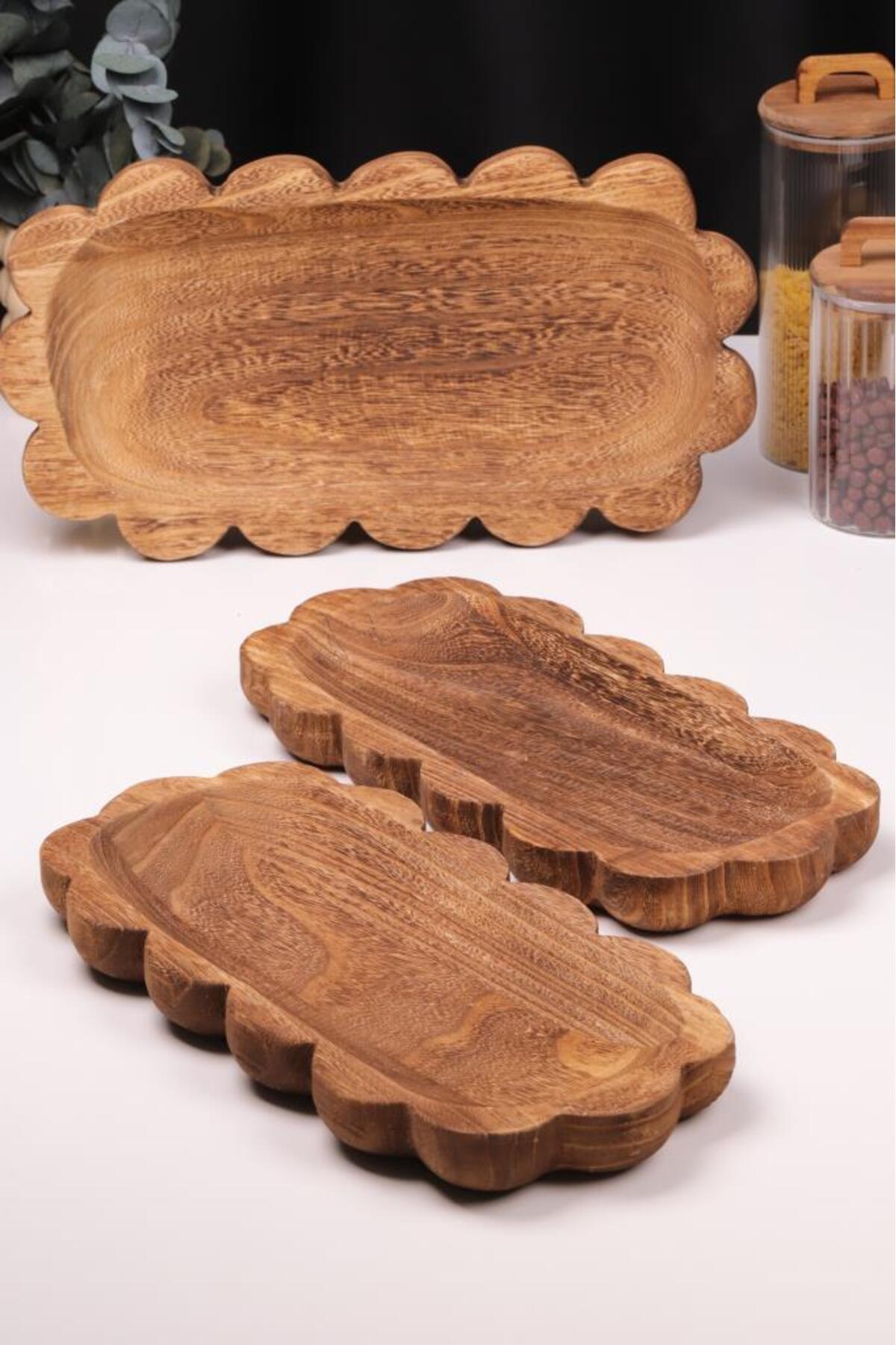 Bambum-3 Piece Pavlonya Noir Wavy Edge Wooden Presentation Set – Round and Rectangular Footed Service t 3