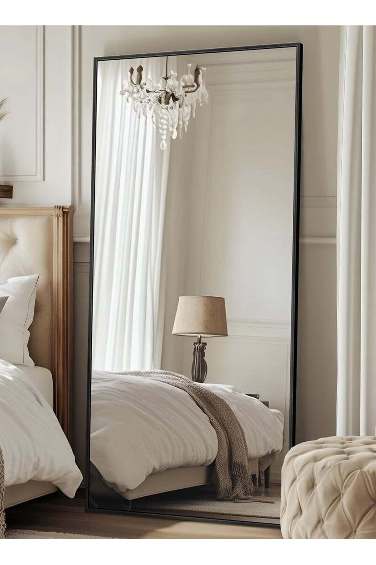 مرآة أرضية كبيرة بإطار معدني أسود، تصميم عصري وأني...