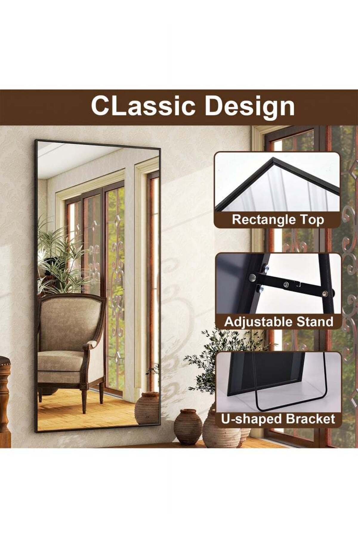 مرآة أرضية كبيرة بإطار معدني أسود، تصميم عصري وأني...