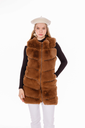 Nazfur CLASSIC İthal Peluşlu Karamel Suni Dolgun Kürk Yelek