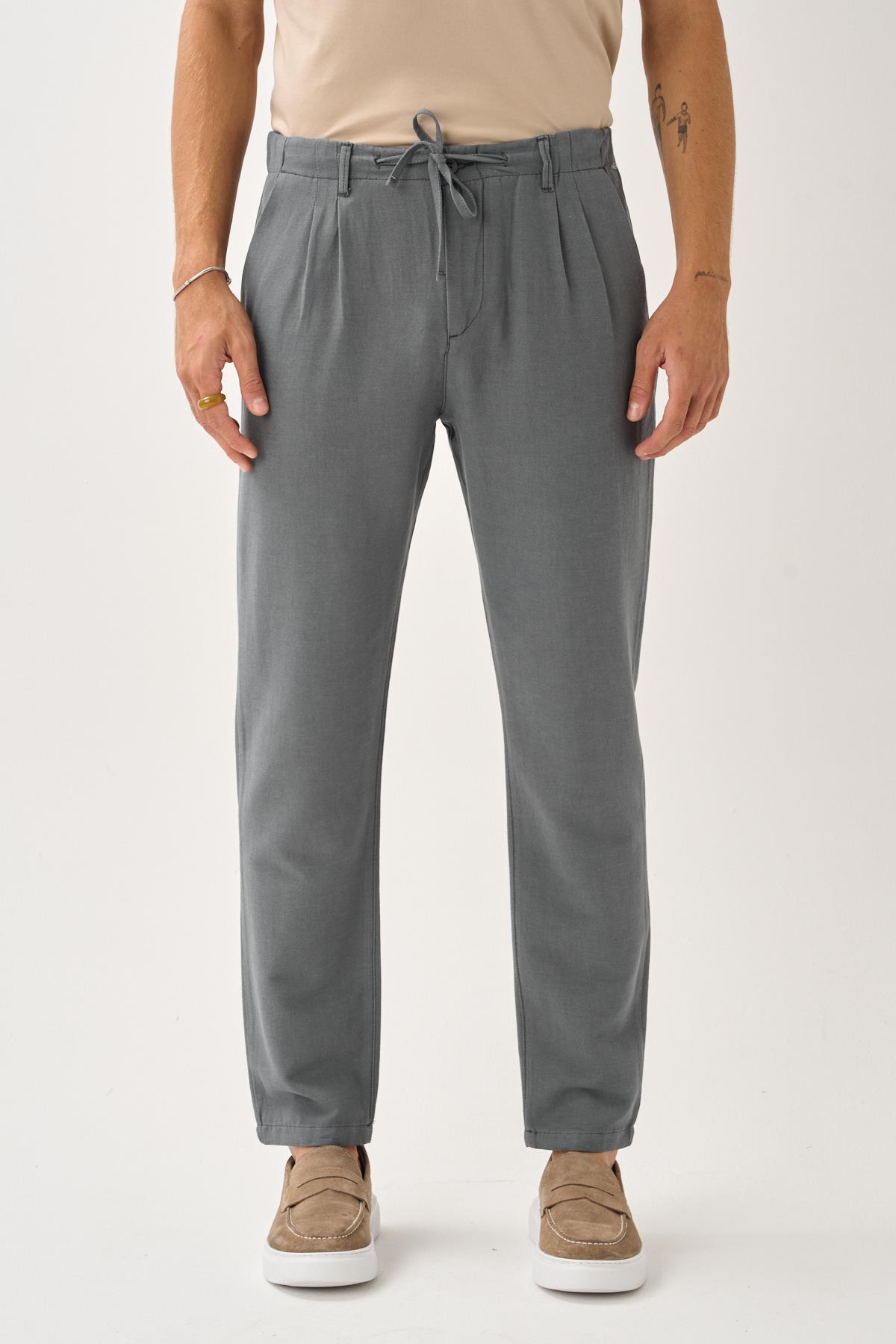 ALEXANDERGARDI-Regular Fit Elastic Waist Linen Trousers 3