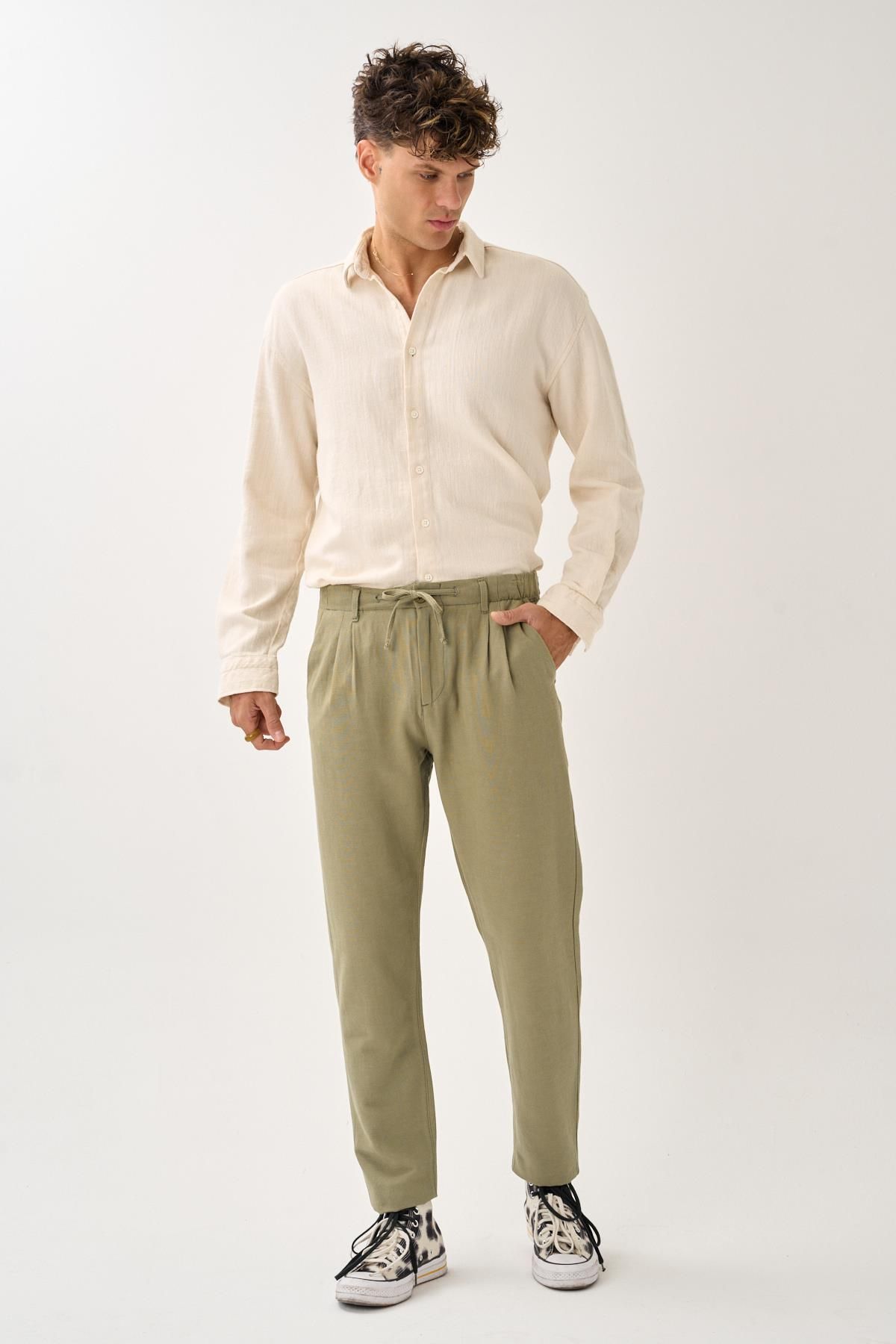 ALEXANDERGARDI-Regular Fit Elastic Waist Linen Trousers 1