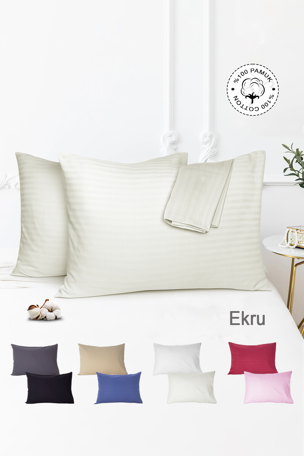 Vionel Home %100 Pamuk 2’li Çizgili Saten Yastık Kılıfı 50 x 70 cm - Ekru