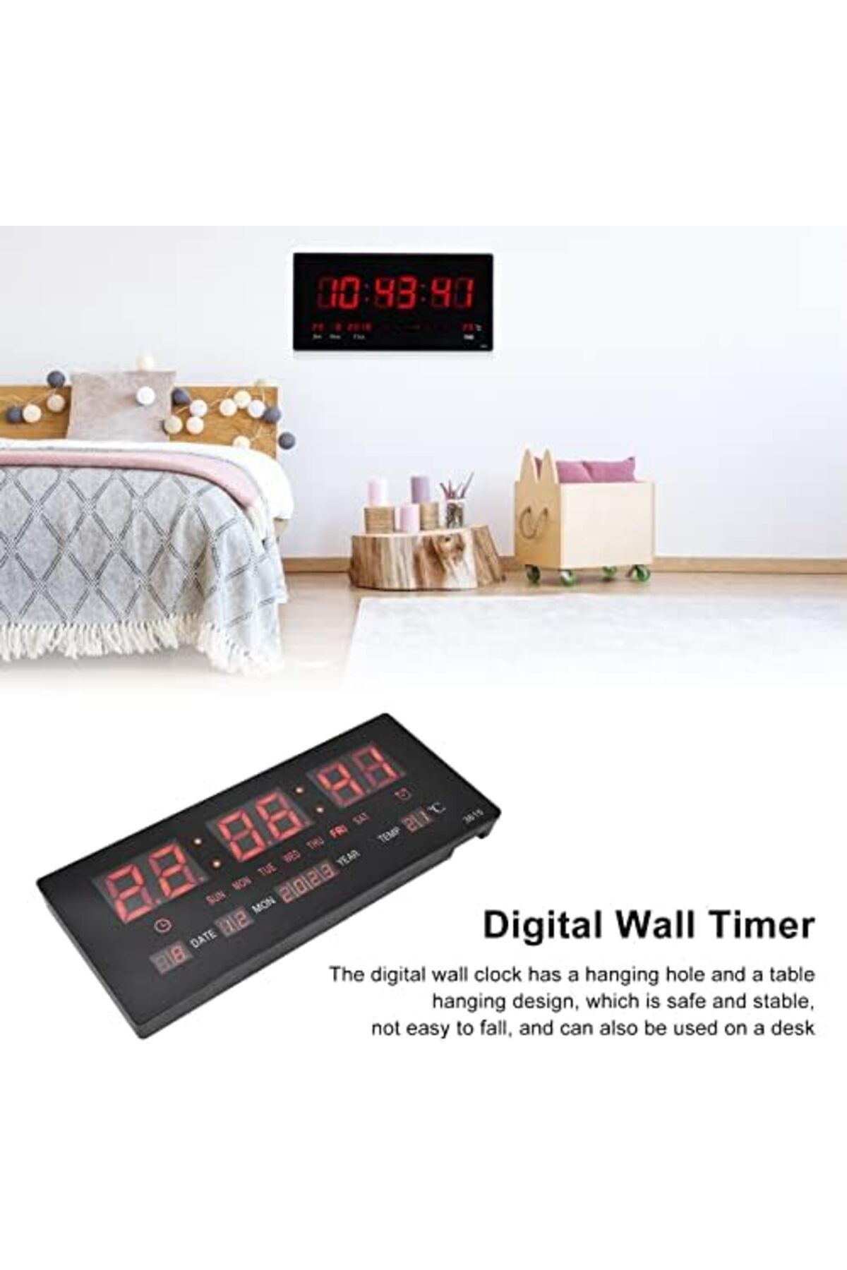 Shopi-DAUB Digital Wall Clock, Silent LED Large Display Digital Clock with Date and Day of Week & Indoor T 6