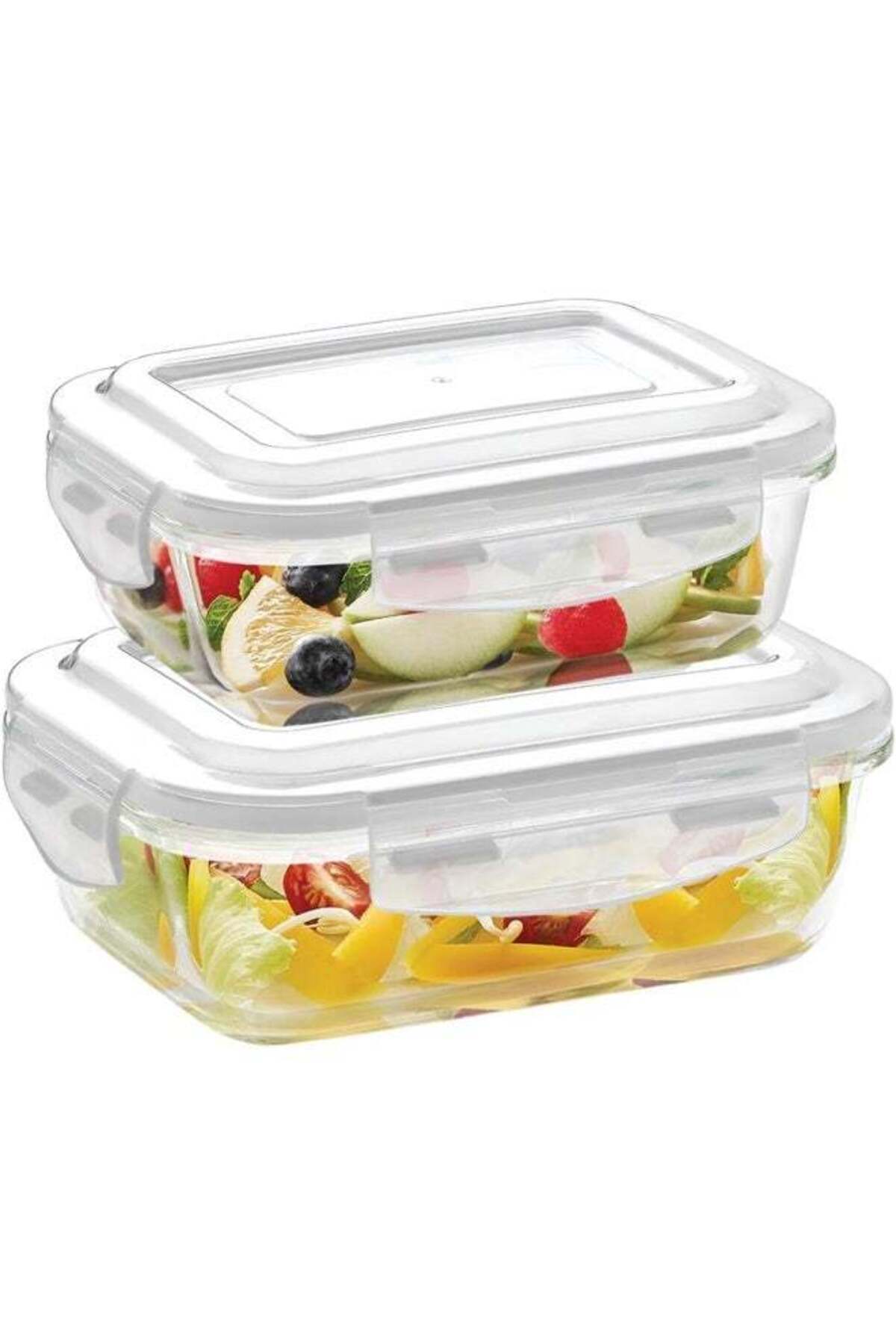 Generic-BOROSIL Klip-N-Store 2 Piece Container Set 640ml + 370ml Rectangular Glass Storage Container with 1