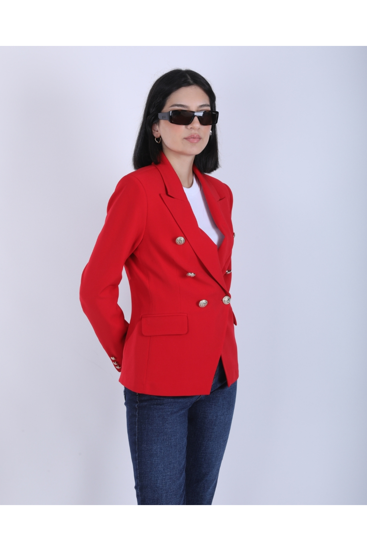 Kadın Kırmızı Kruvaze Düğmeli Premium Blazer Ceket