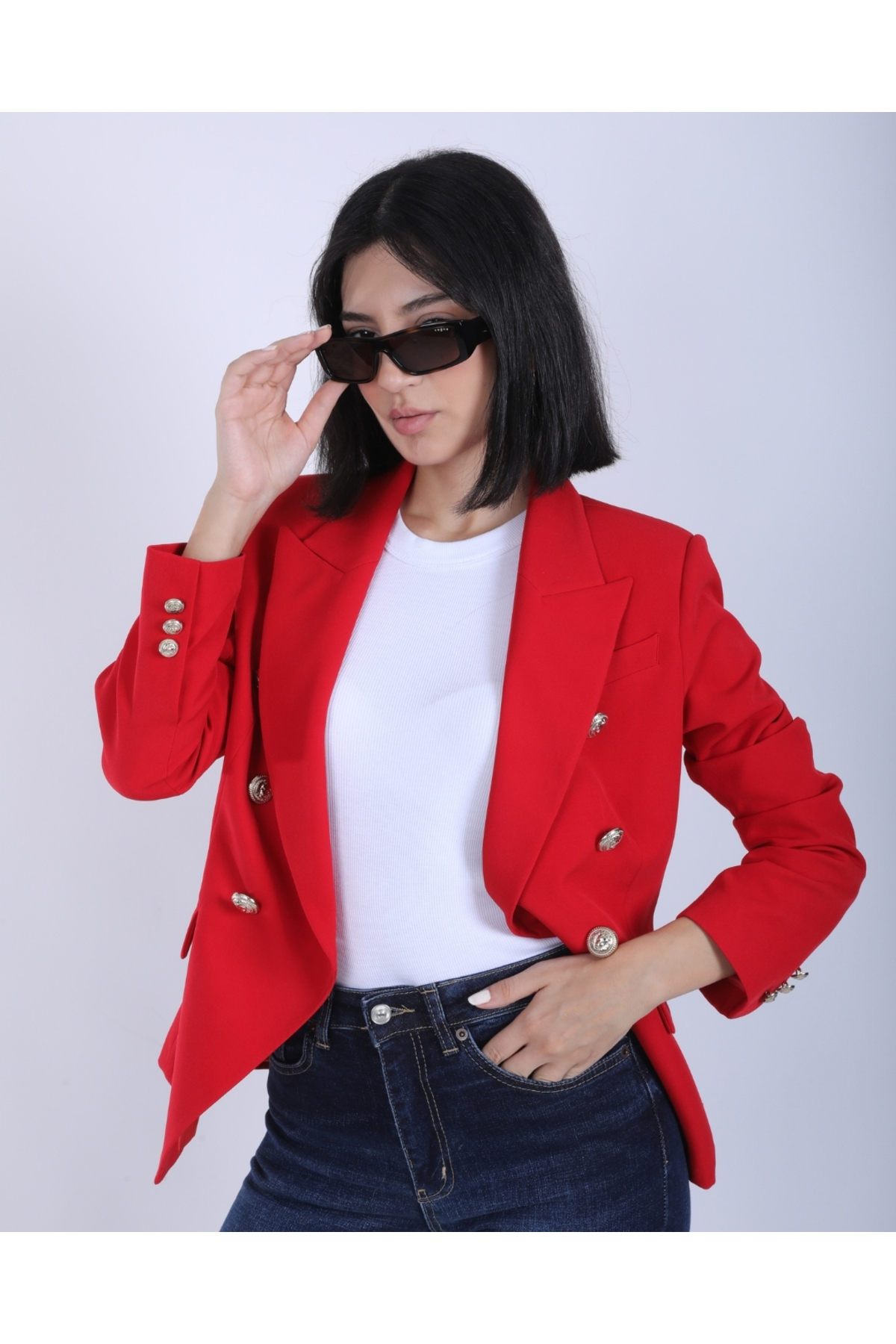Kadın Kırmızı Kruvaze Düğmeli Premium Blazer Ceket