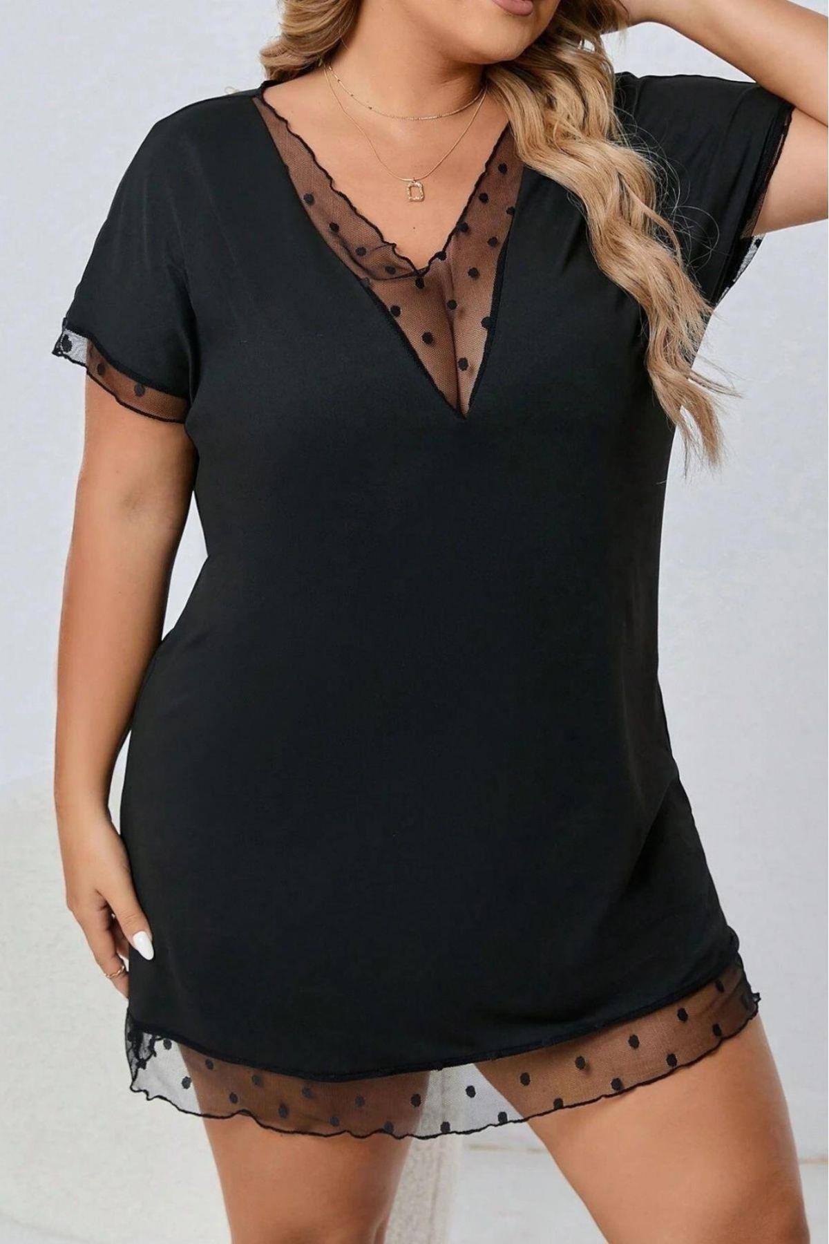 SiaLess Lingerie Siyah Rahat Kesim Büyük Beden Puantiyeli Tül Detaylı Gecelik Xl-XXl-2Xl-3Xl