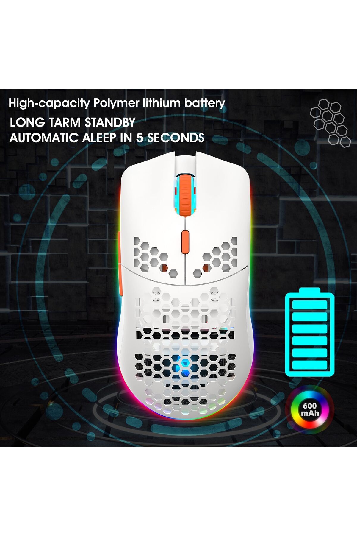 erorex-ماوس ألعاب لاسلكي Honeycomb خفيف الوزن للغاية مزود بـ 6 أزرار قابلة للبرمجة و4 سرعات قابلة للتعديل ودقة DPI مريحة 5
