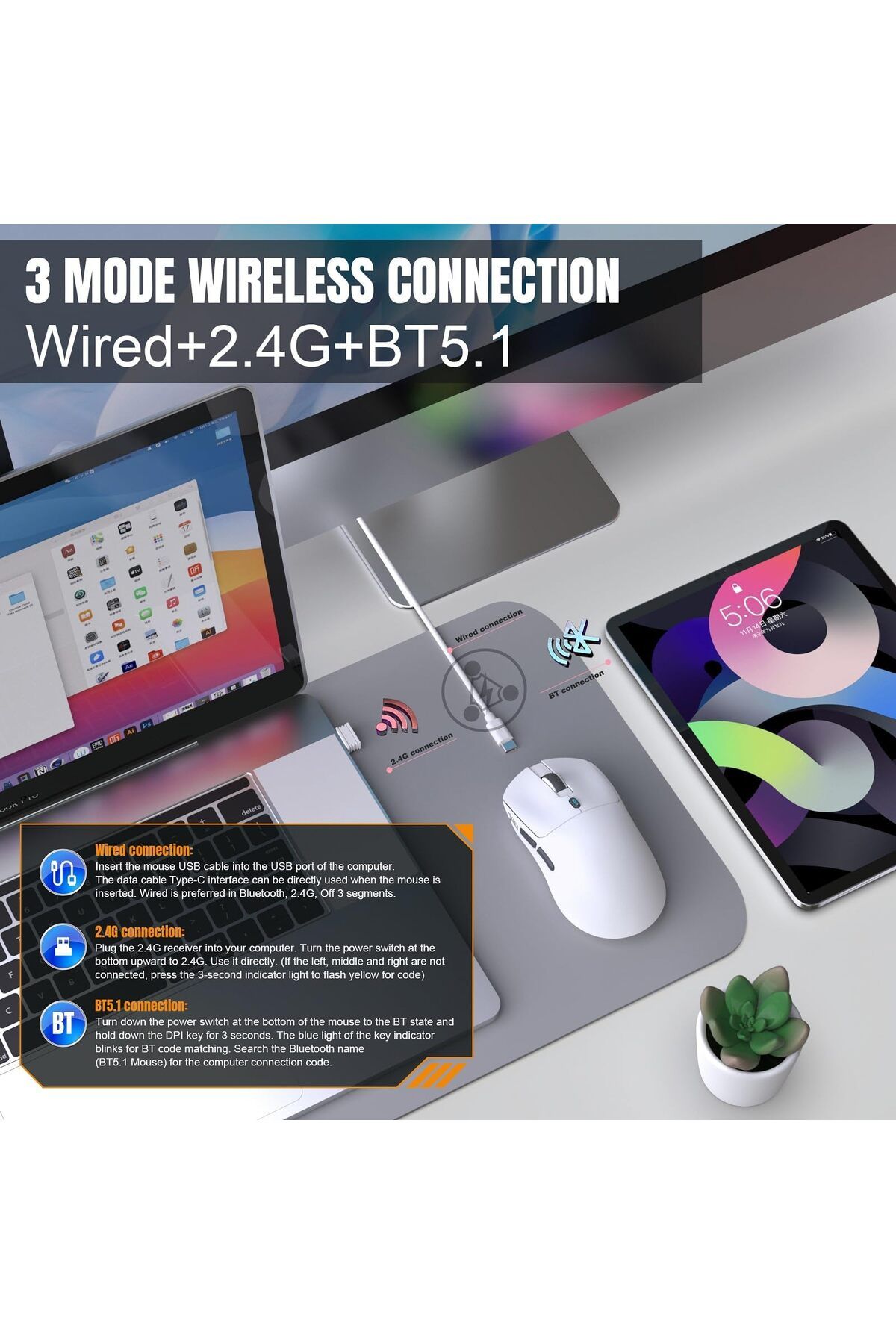 erorex-Wireless Gaming Mouse Wired + Bt5.1 + 2.4G Triple Mode 7 Button Mouse Usb Receiver Rechargeable 3