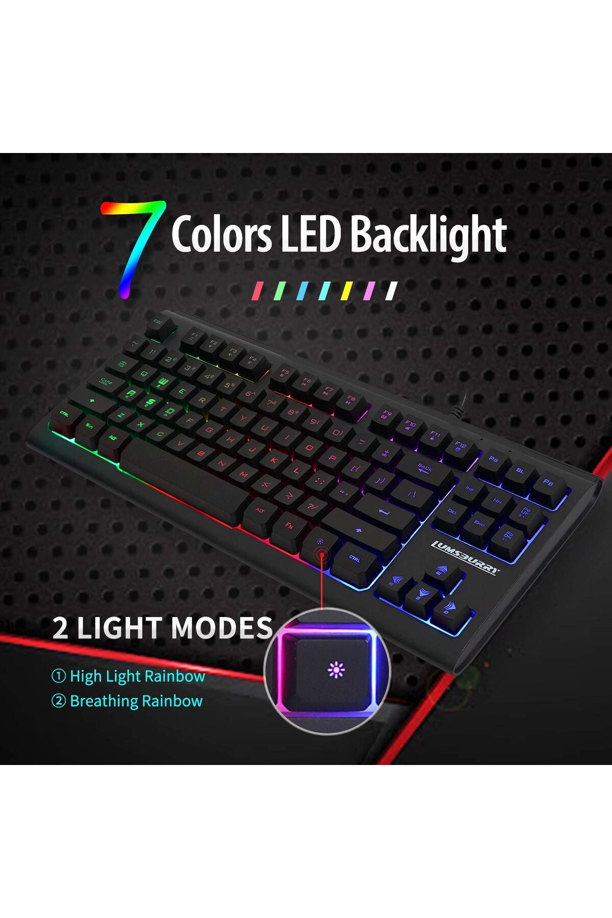 erorex-Rainbow Led Backlit 87 Keys Gaming Keyboard Compact Keyboard 12 Multimedia Shortcut Keys Usb Wired 2