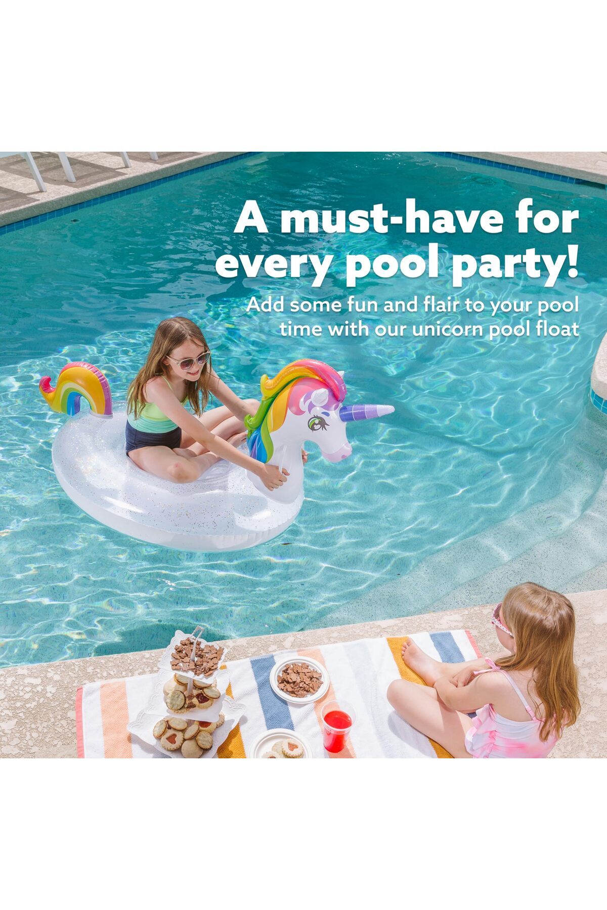 erorex-Inflatable Unicorn Pool Float Glitters Fun Beach Floaties Ride Unicorn Raft Pool Toys Summer Party 4