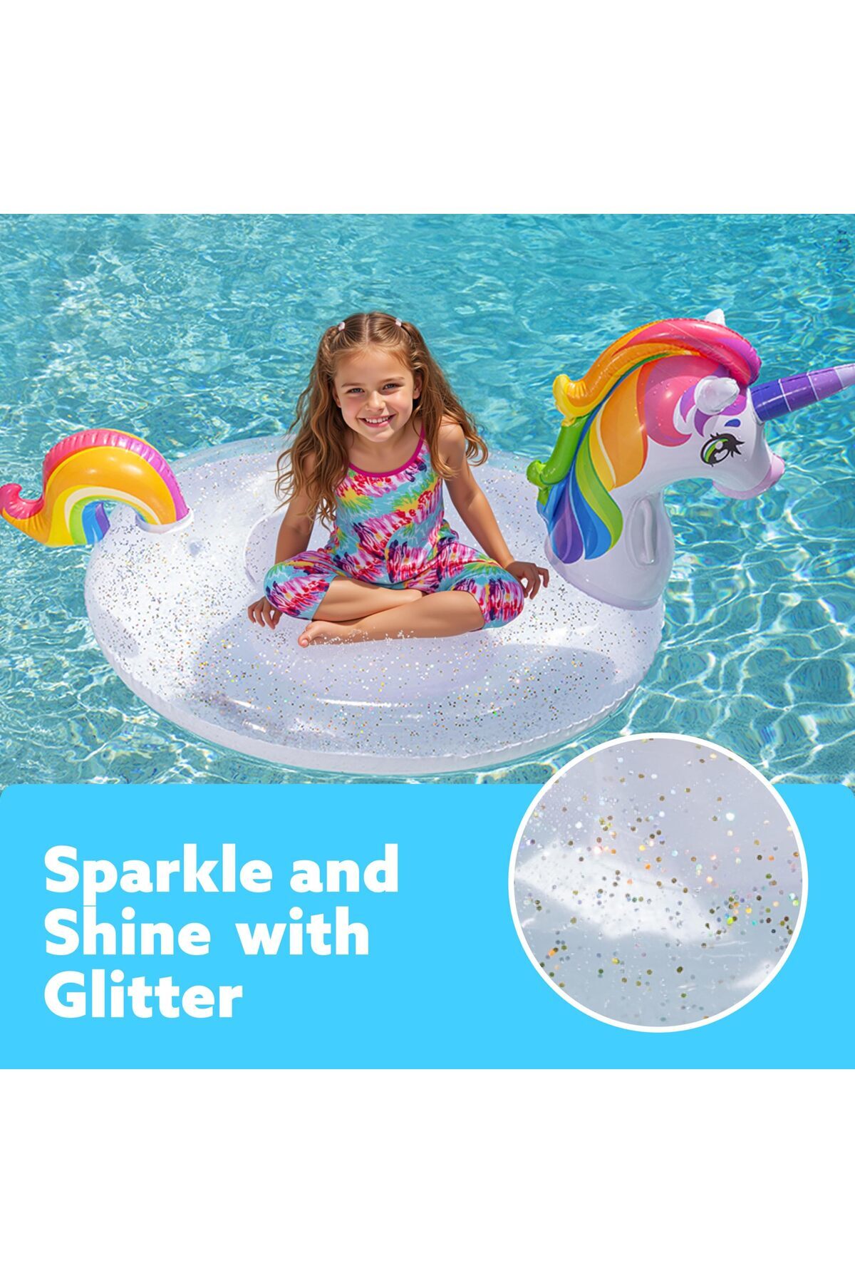 erorex-Inflatable Unicorn Pool Float Glitters Fun Beach Floaties Ride Unicorn Raft Pool Toys Summer Party 3
