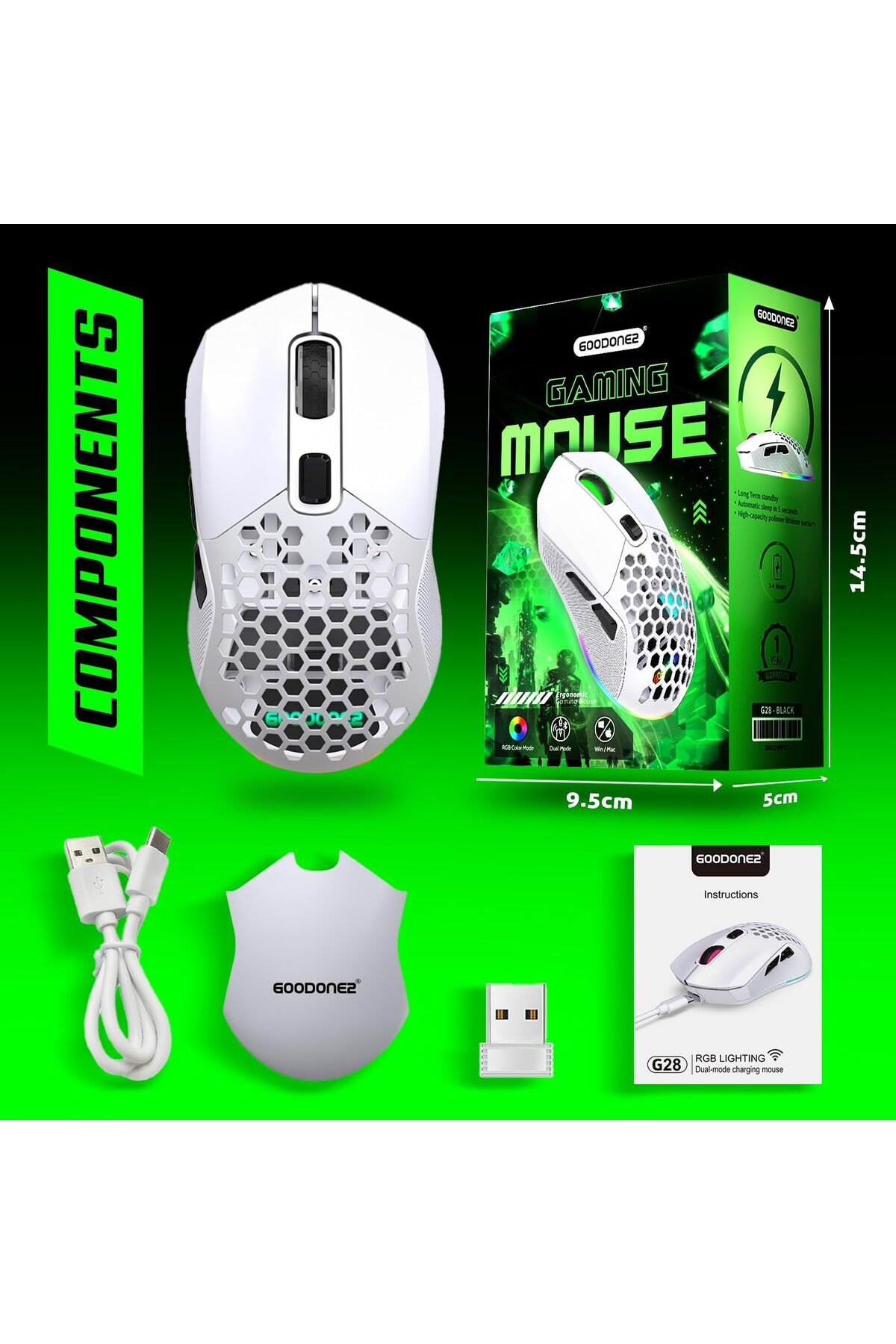 erorex-G28 Dual Mode Wireless Mouse 2.4G + Bt5.1 Usb Computer Mouse 6 Level Adjustable 4800 Dpi 12 Months 2
