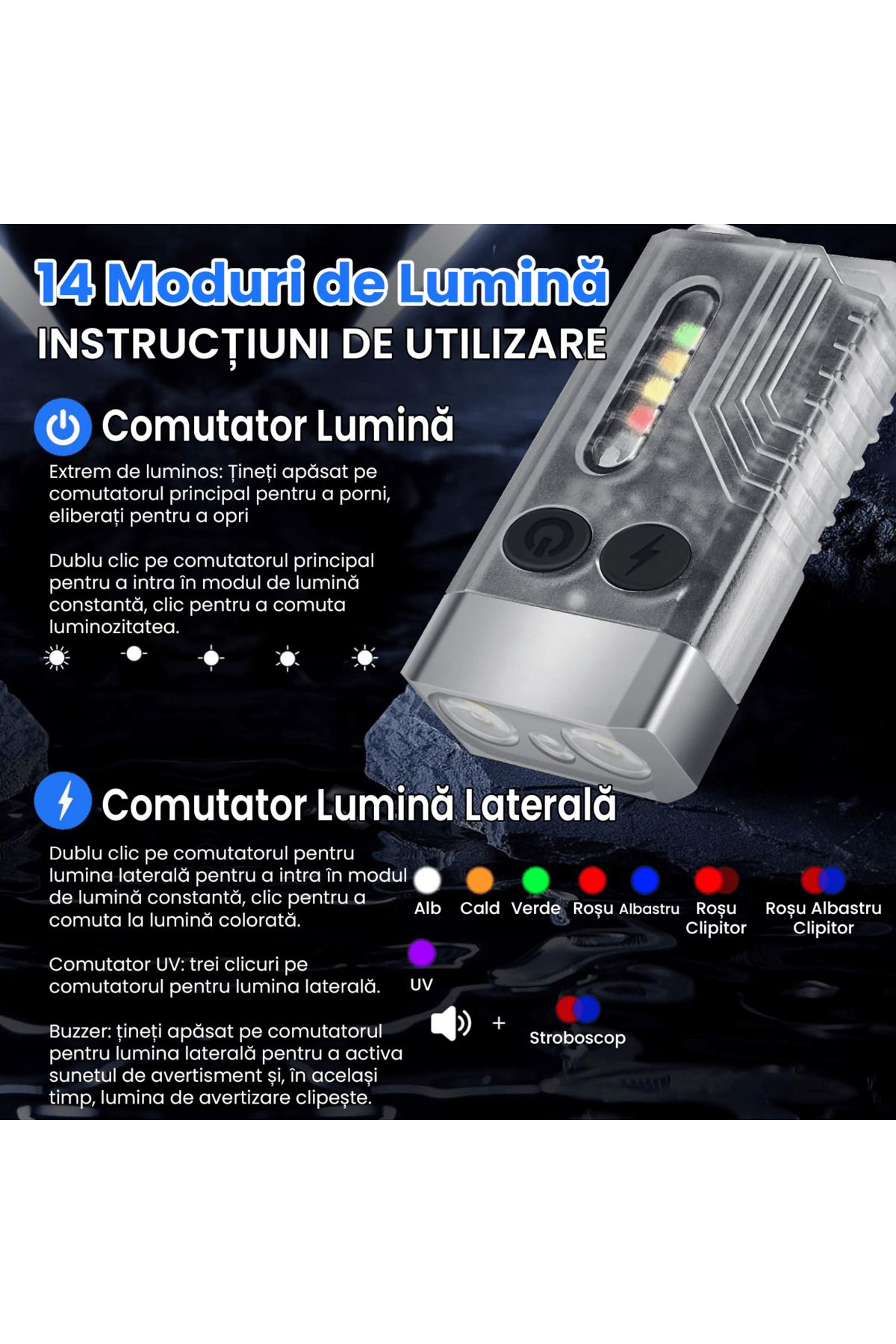 Elindor-Mini LED Flashlight, 1000 LM, 12 Modes, COB Side, USB-C, UV, 80 dB Emergency Beep, Magnet, 1000mAh 3