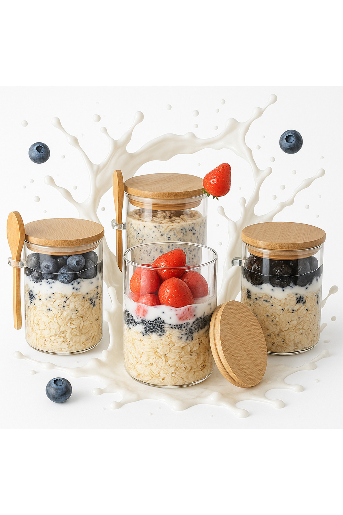 Elindor-Set of 4 Elindor® Glass Containers, Jars with Lids, 470 ml, Dimensions 8.5×8.5×12 cm, Transparent 1
