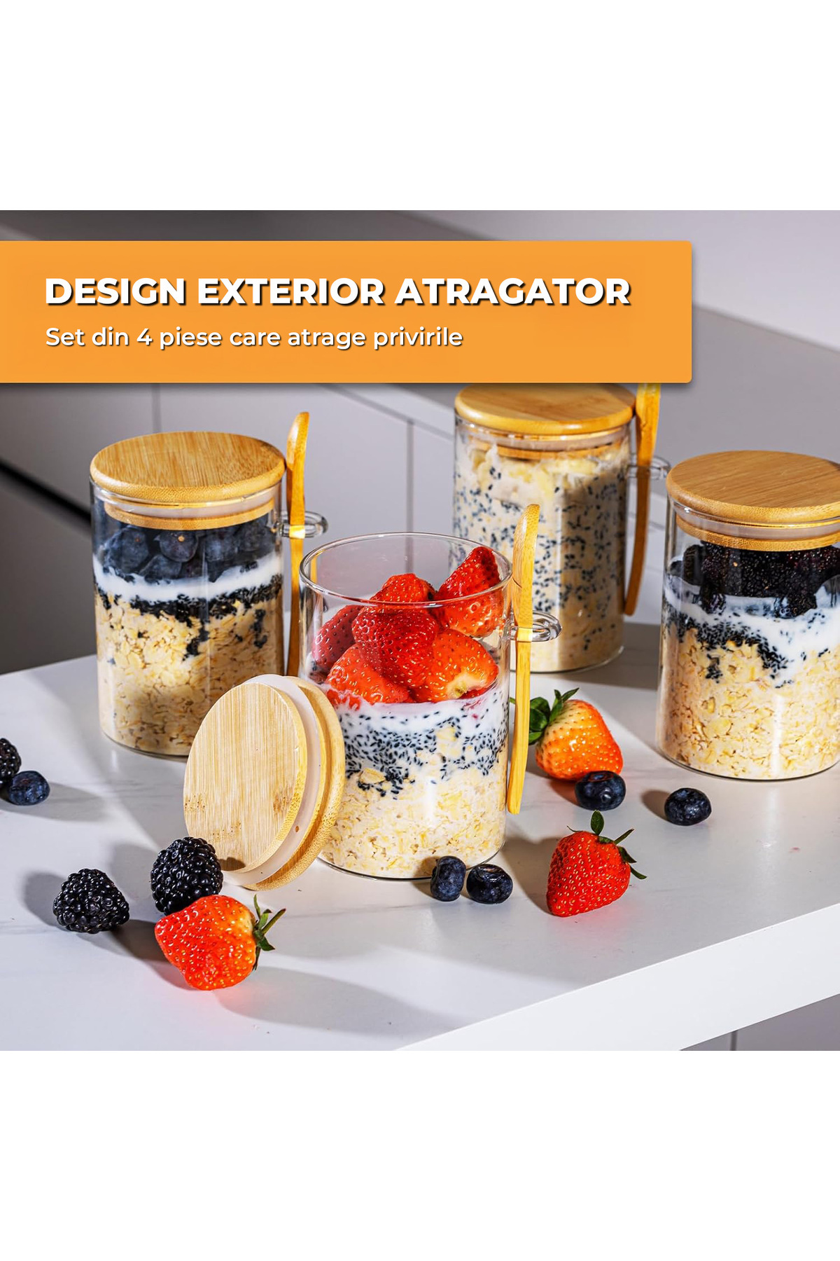Elindor-Set of 4 Elindor® Glass Containers, Jars with Lids, 470 ml, Dimensions 8.5×8.5×12 cm, Transparent 2