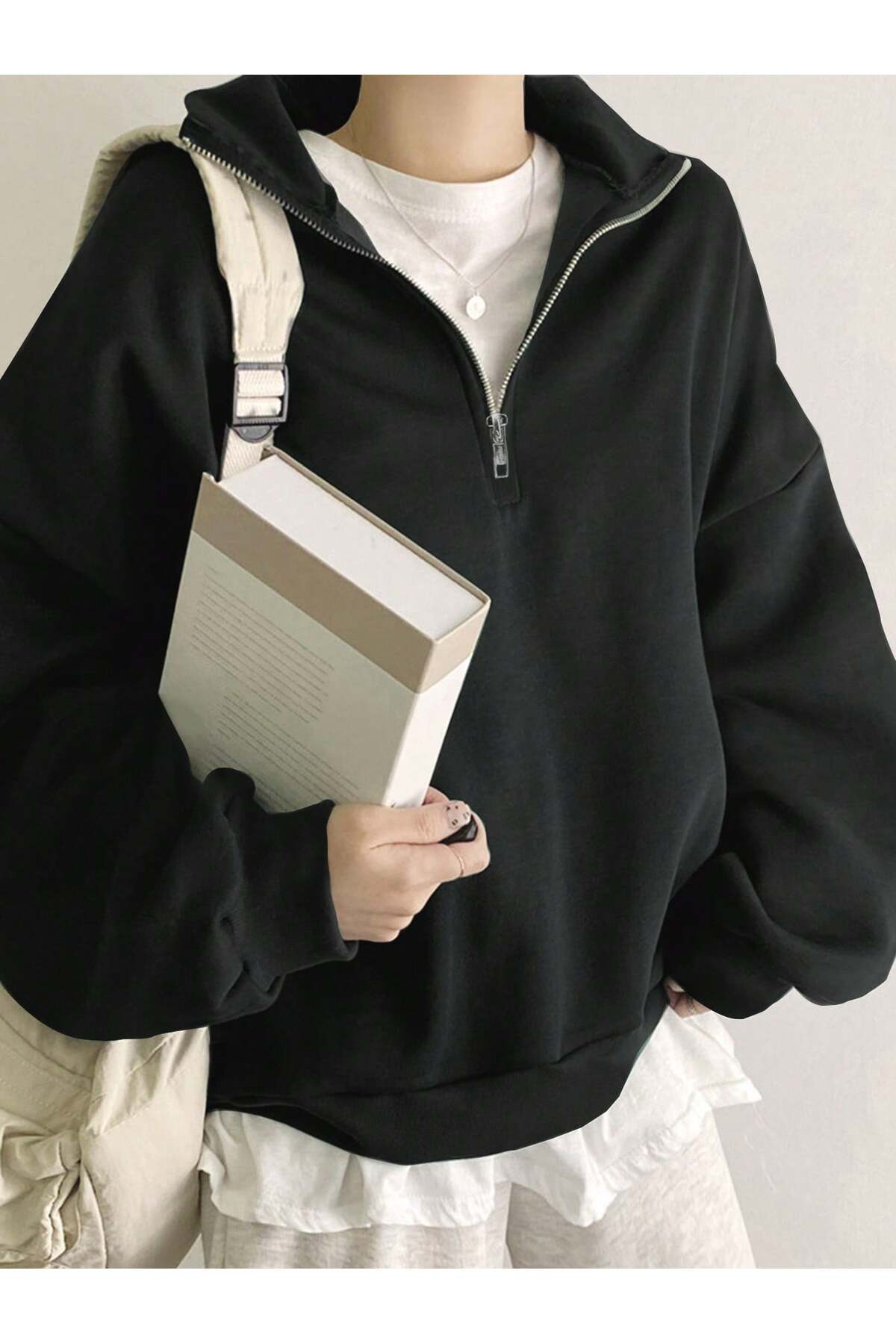EYAX MODA Unisex Dik Yaka Yarım Fermuarlı Sweatshirt görsel 3