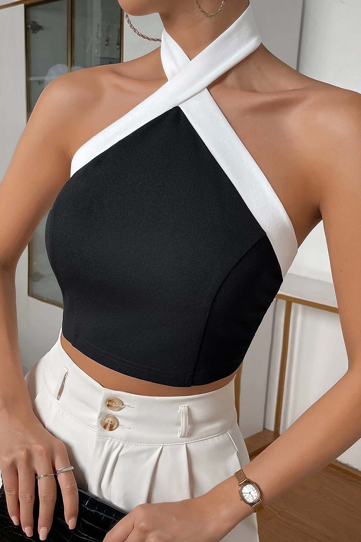 Merry See  İnci Detaylı Boyundan Bağlamalı Crop Bluz - Görsel 6