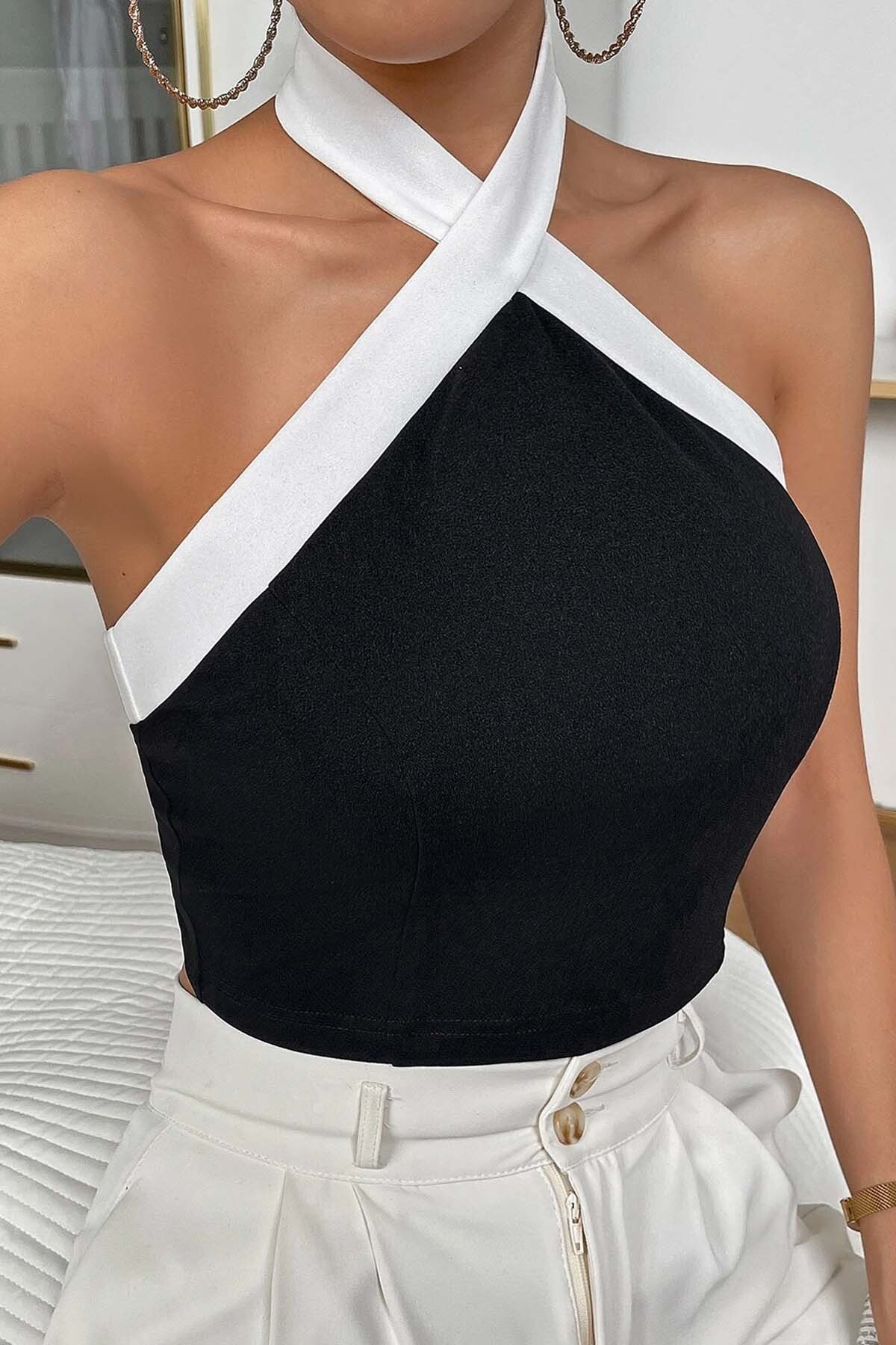 Merry See  İnci Detaylı Boyundan Bağlamalı Crop Bluz - Görsel 5