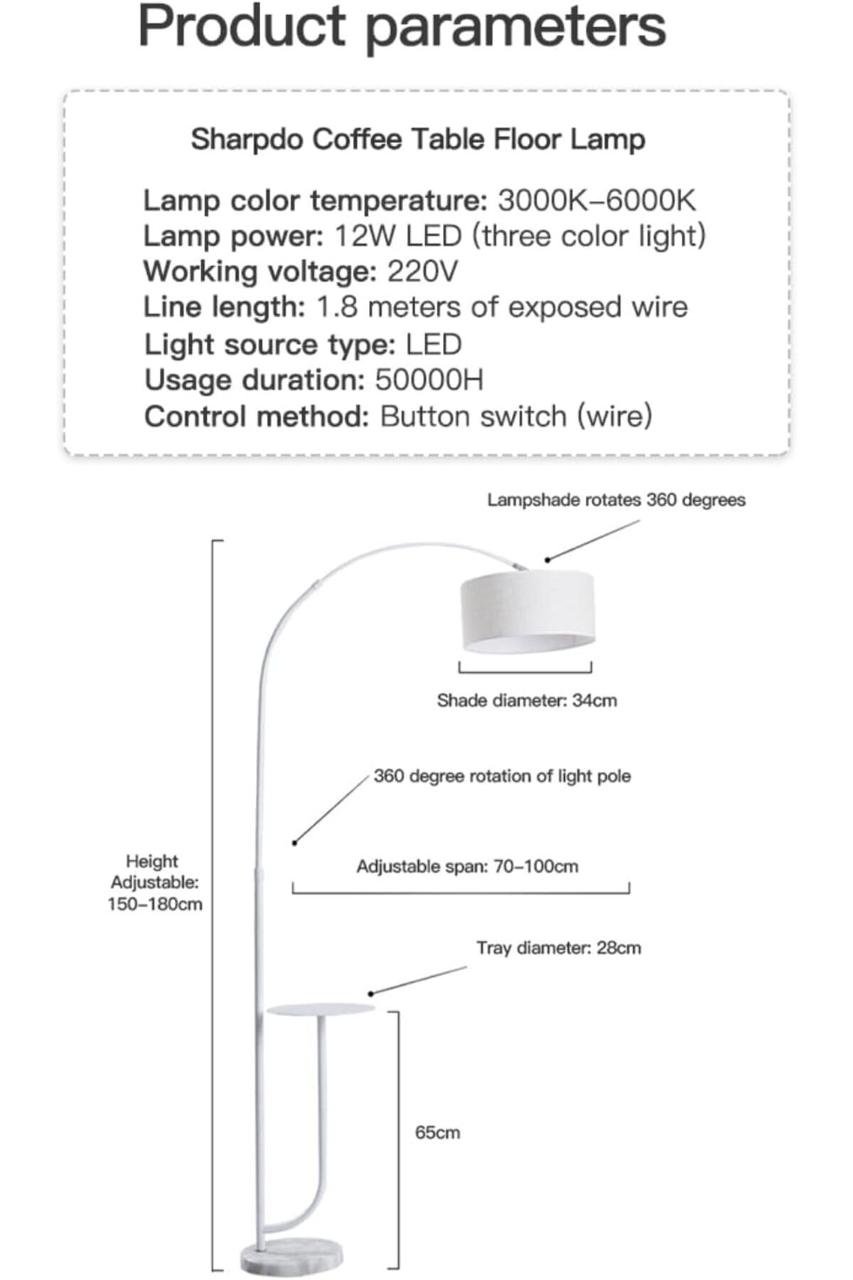 Taimi-Dimmable Vertical Floor Lamp With Warm Light Pure Marble Base with Coffee Table Tray 5