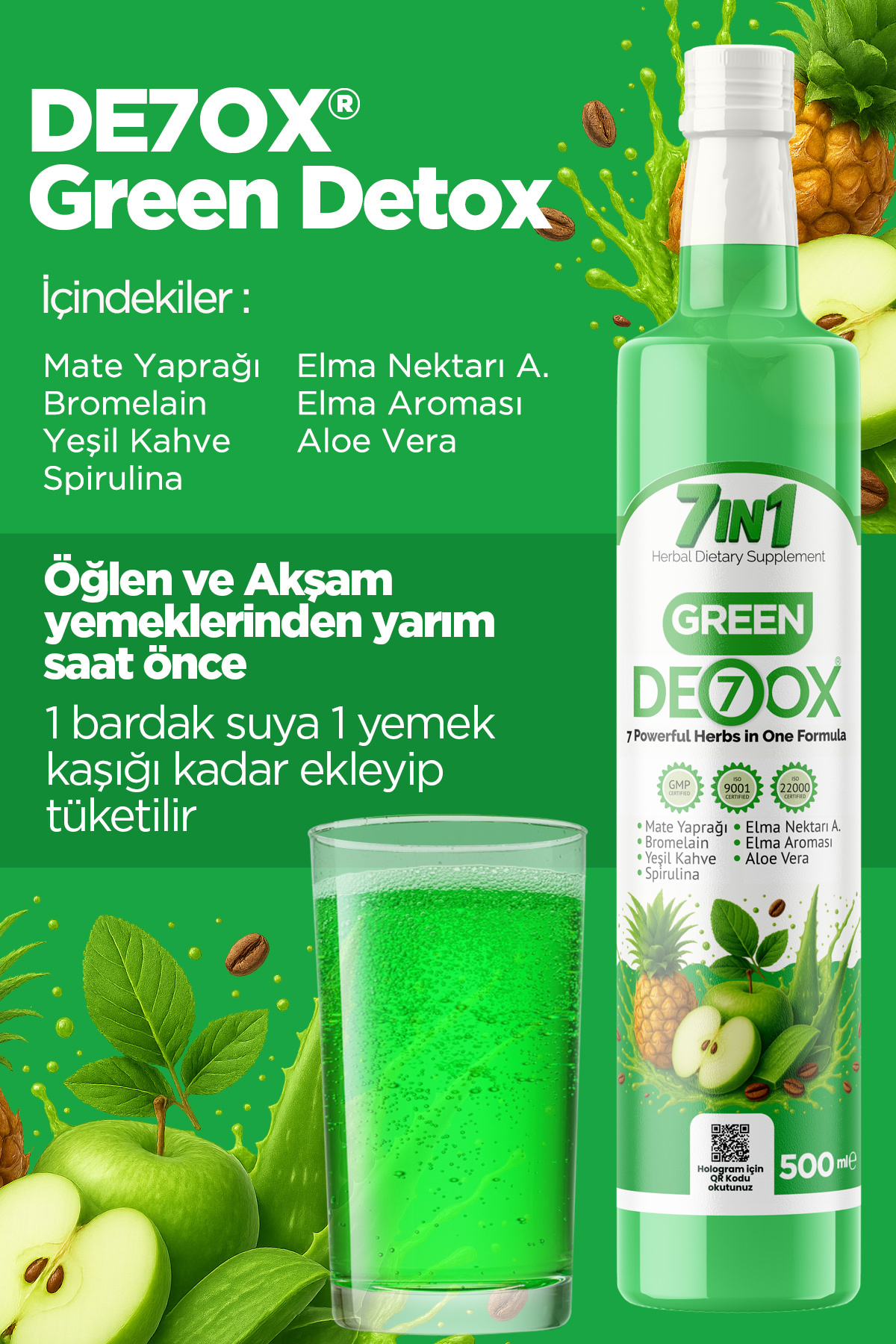 De7ox Green Detox 7 Bileşenli Detoks Sirkesi 500 ML - Fiyatı