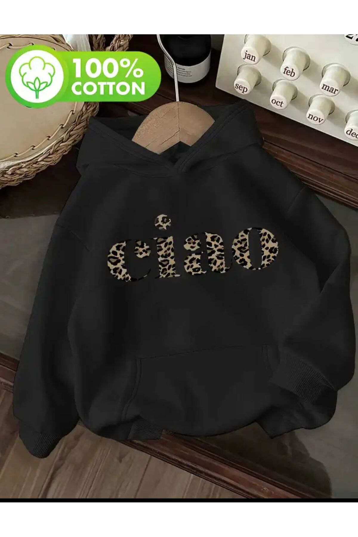herkesemoda Ciao Text Detail Printed Fleece Hooded Sweatshirt