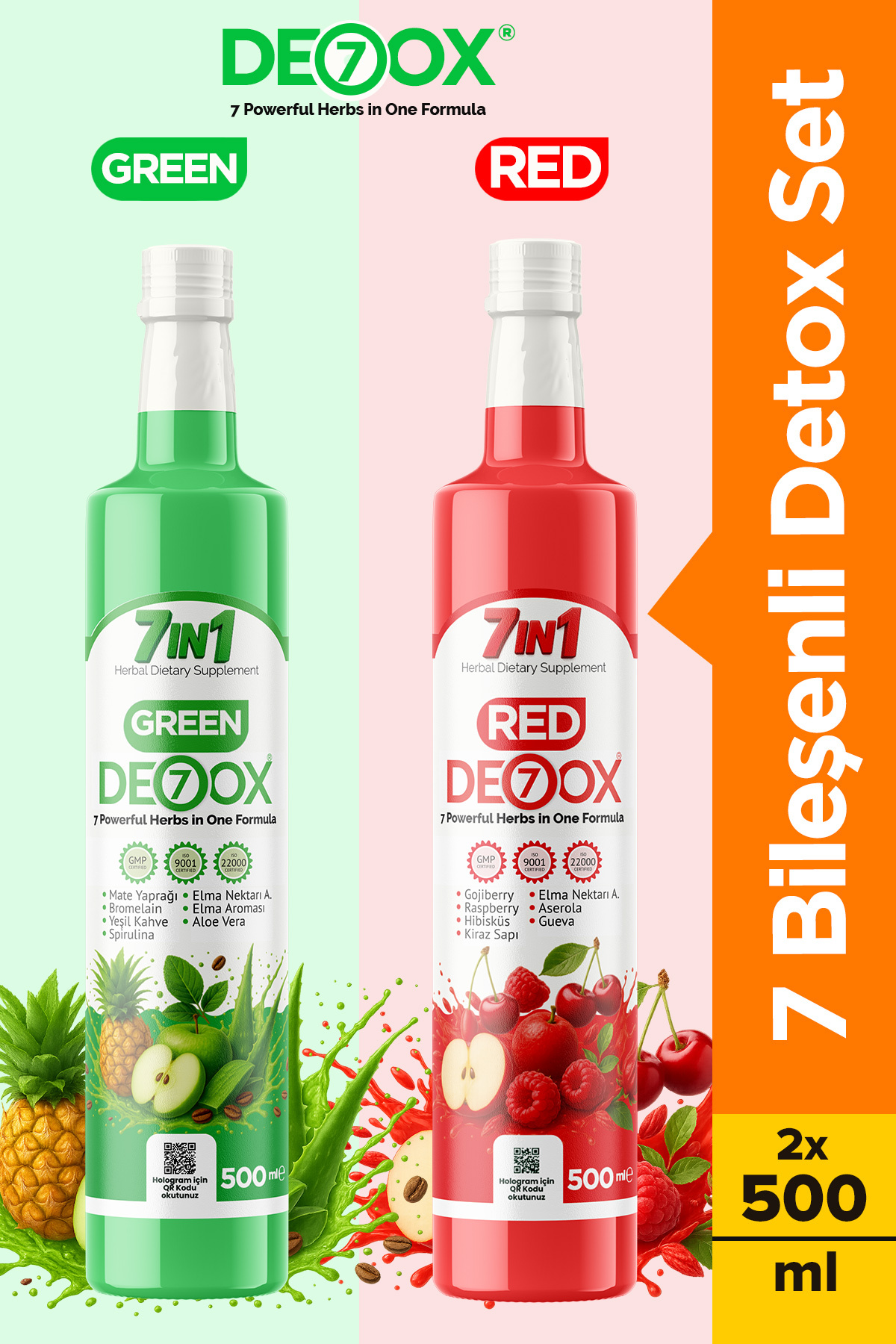 De7ox Detox Sirke Seti - Red & Green Detox Sirkesi Seti 2 x 500 ML