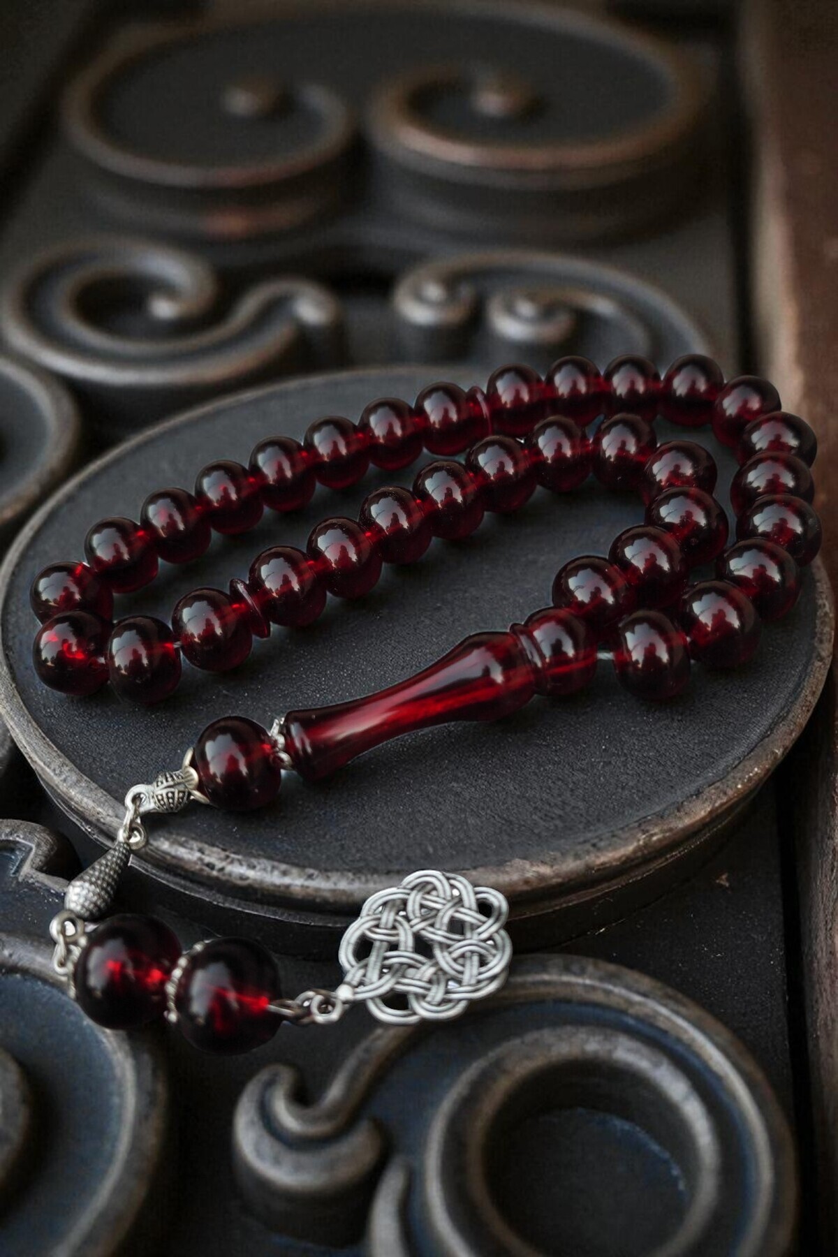 Atolyezone Oval Kesim Toz Kehribar Tesbih Koyu Renk Bordo Tespih