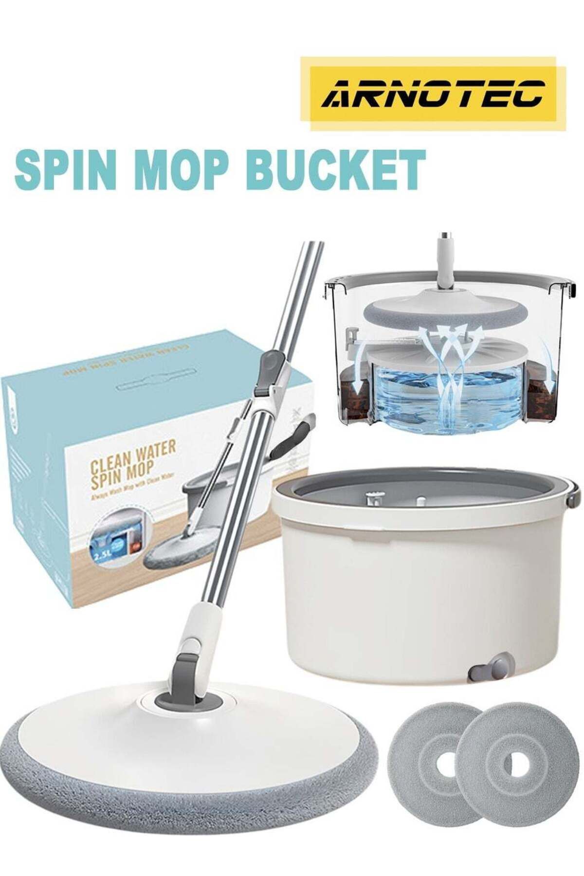 Generic-ARNOTEC Bucket Quick Spin Mop with 2 Microfiber Wet Dry Mophead Floor Cleaning pocha Extendable Han 1