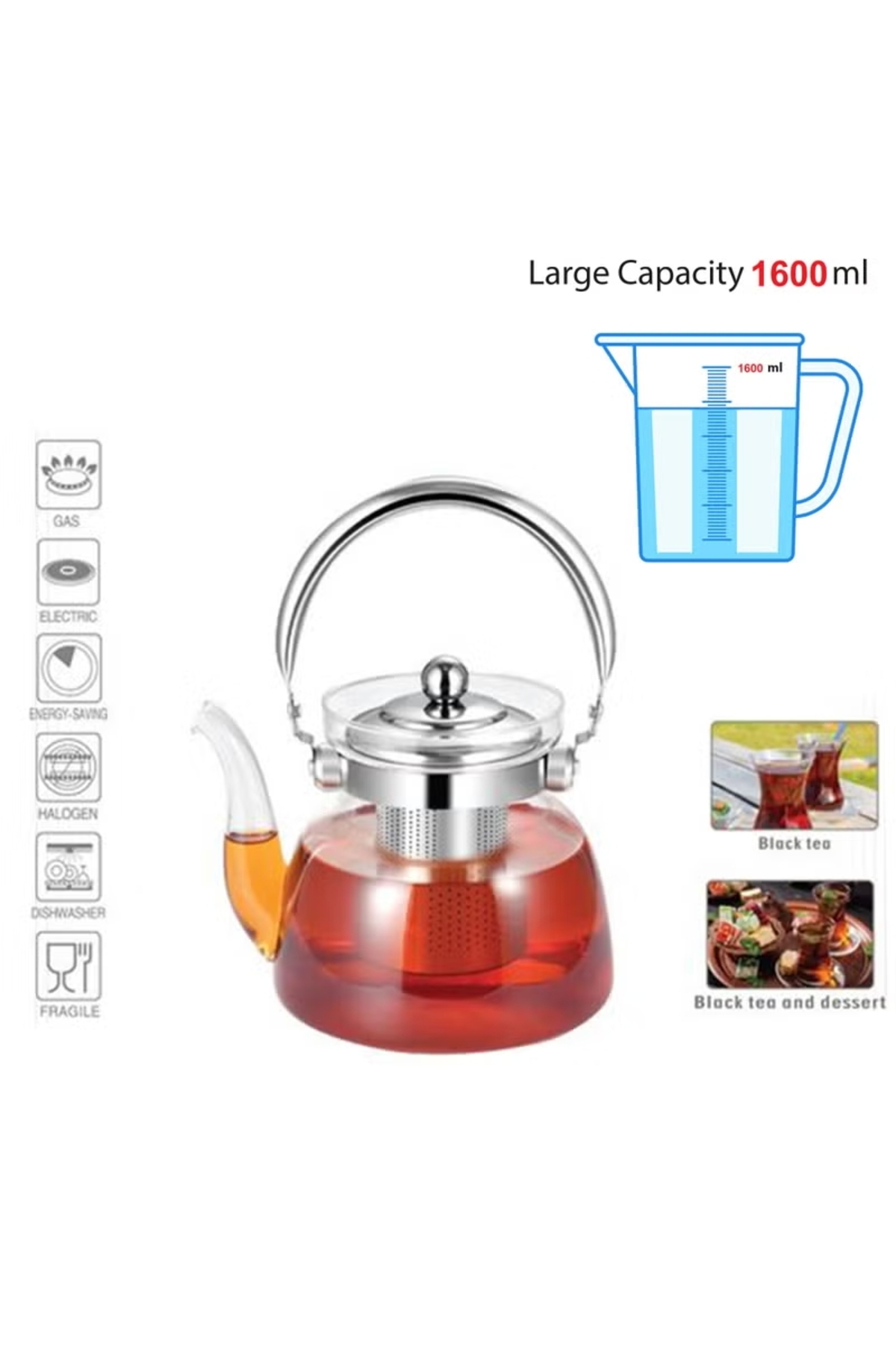 🫖 إبريق شاي زجاجي فاخر DAC-56104 – سعة 1600 مل مقاوم للحرارة