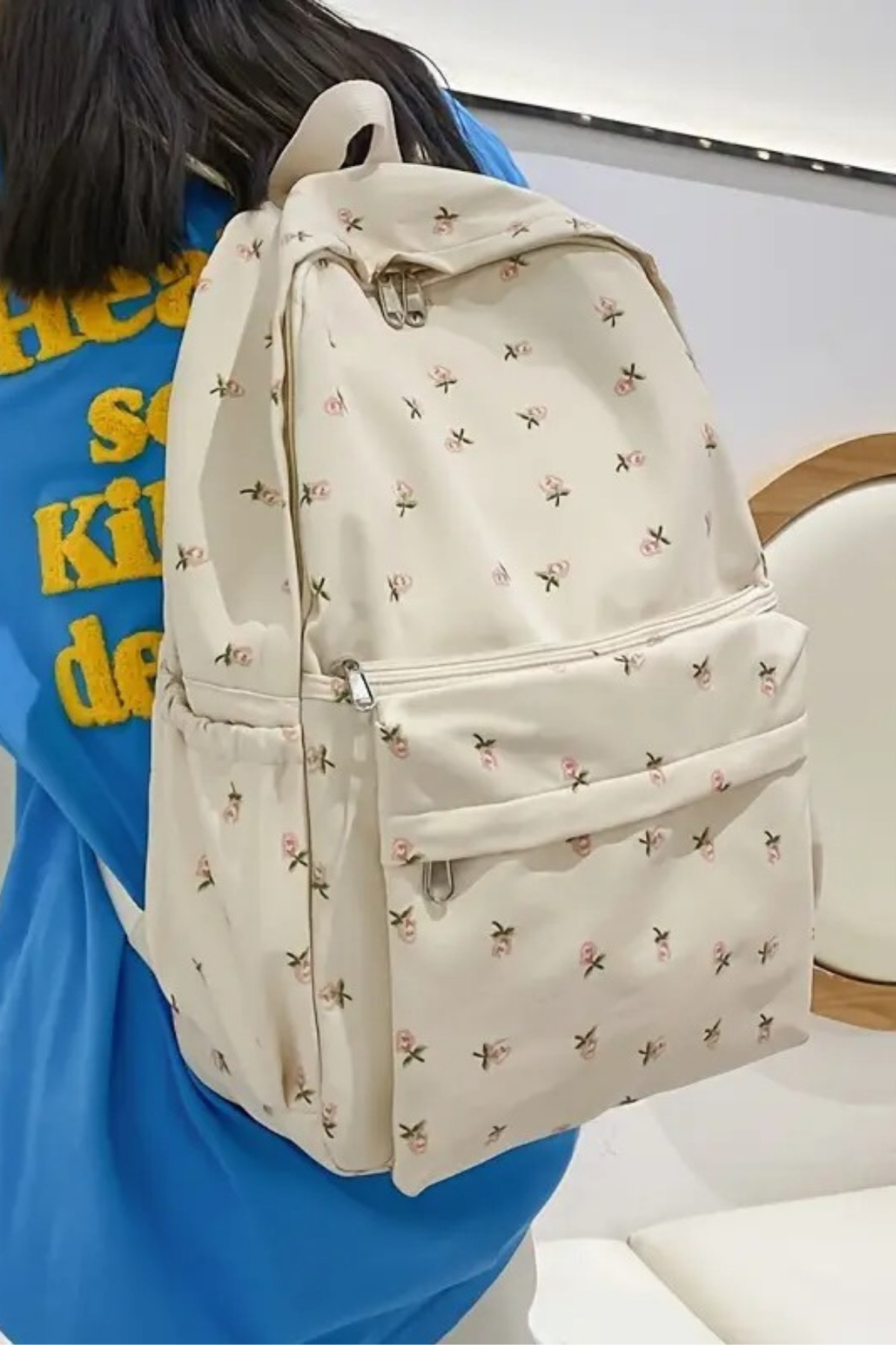 woys  4 Bölmeli Geniş Ebatlı Çiçek Desenli Kadın Sırt Çantası - Günlük Kullanım Kadın Sırt Çantası - Görsel 8