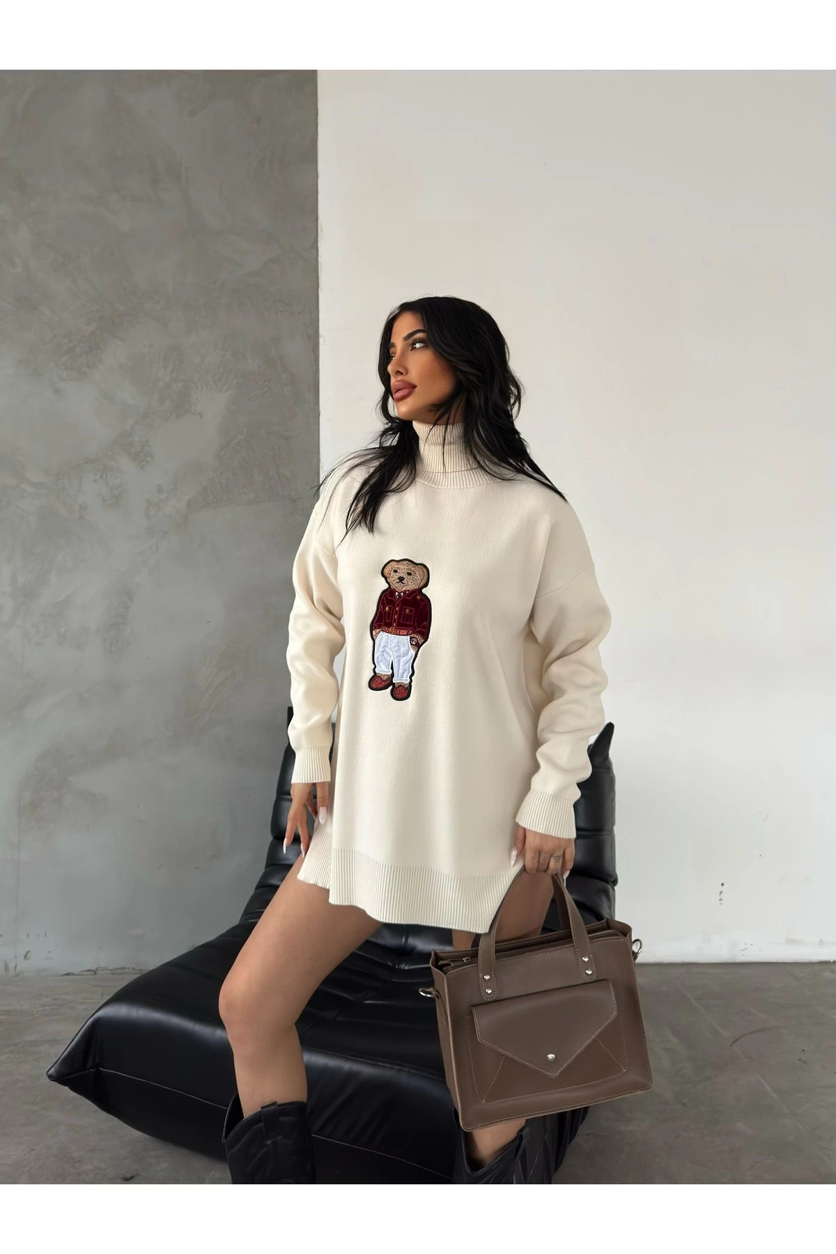 URİS  Kadın Ekru Oversize Ayıcıklı Oversize Balıkçı Yaka Triko Kazak - Görsel 7