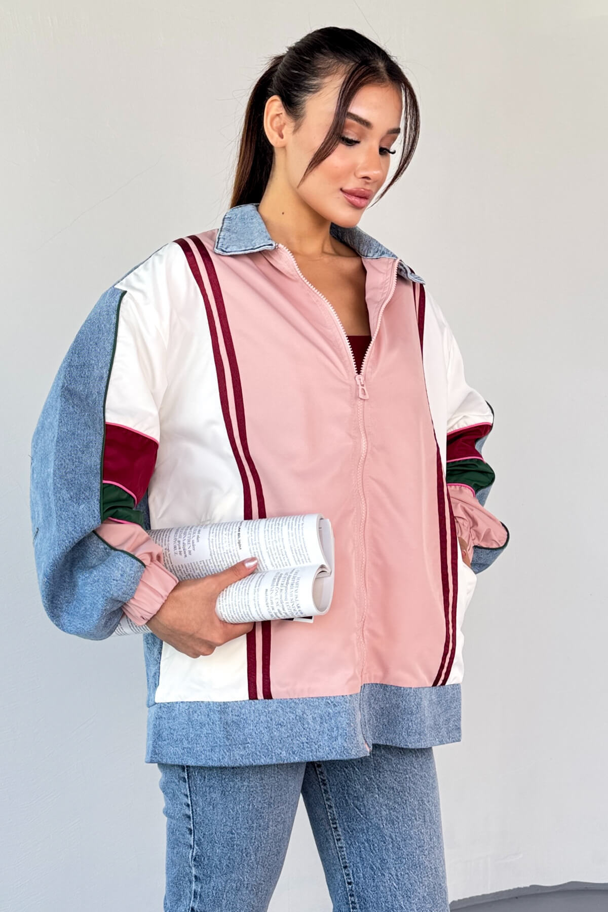 Cappmoda-Ckt-2783 Color Block Denim Collar Bomber Jacket 1