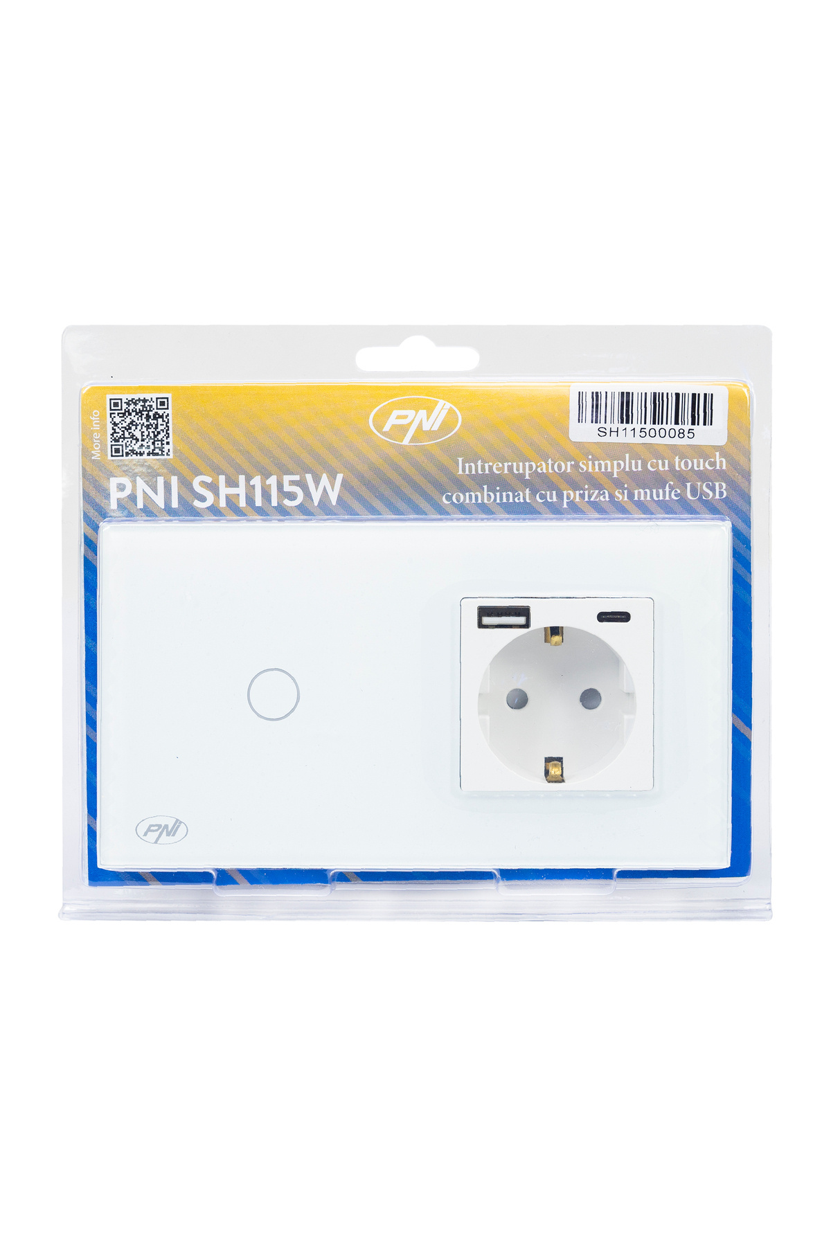 PNI-Simple switch SH115W glass with touch, combined with Schuko socket and USB sockets 5