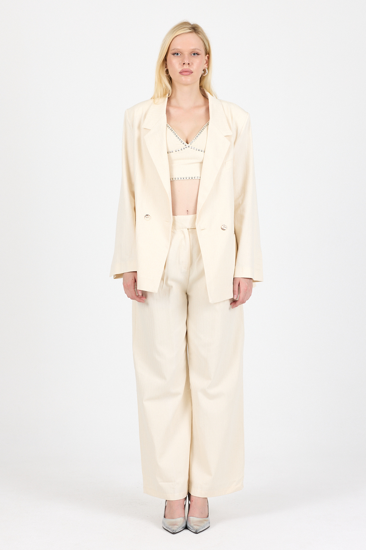 Eco Sense 3'lü Kombin Set – Krem Takım: Oversize Ceket + Yüksek Bel Pantolon + Büstiyer