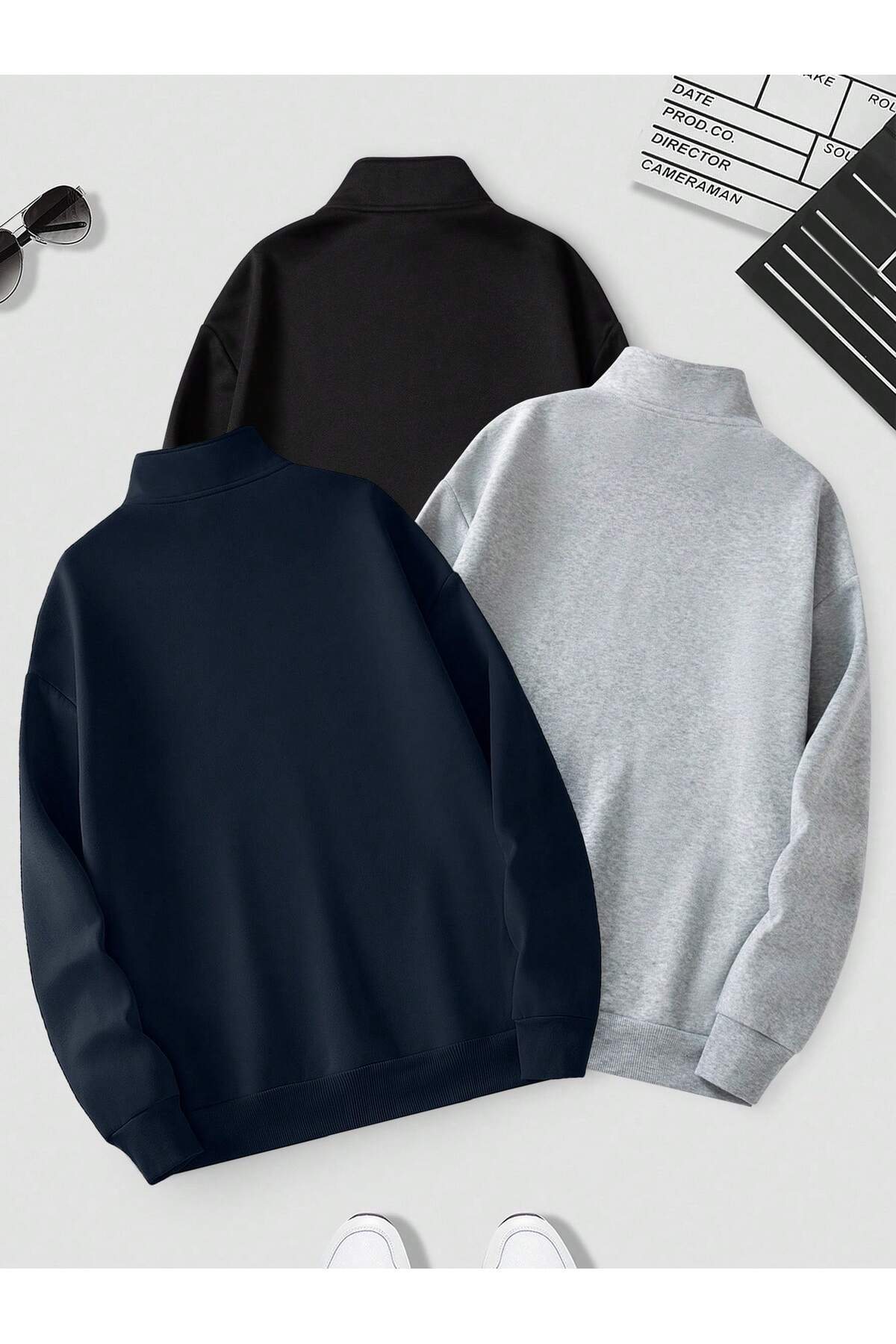 3LÜ ERKEK Yarım Fermuar Dik Yaka Sweatshirt — رنگارنگ EYAX-DKYKA-003 — تصویر 2 از 8