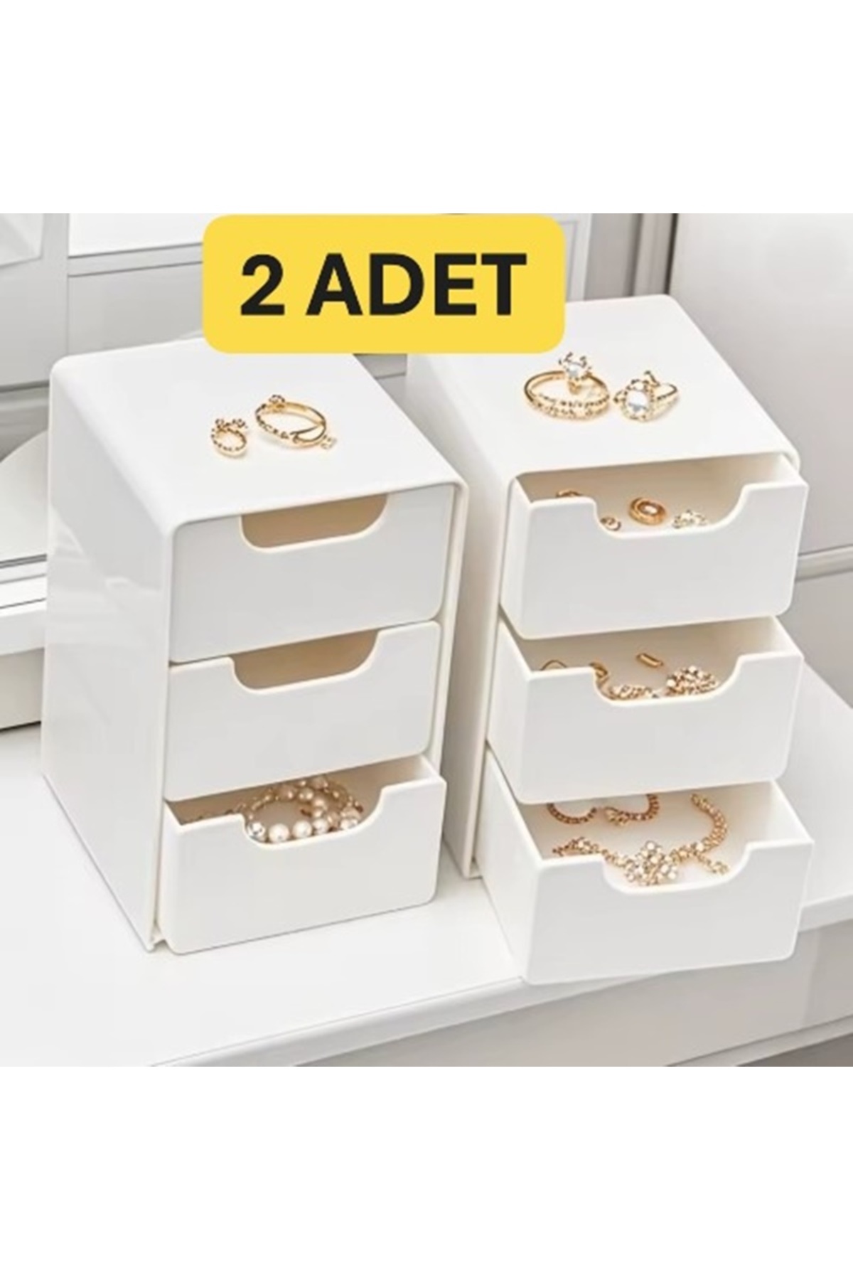 VİALEX Ada 2 Adet 3 Çekmeceli Mini Organizer- Aksesuar Düzenleyici ve Çok Amaçlı Takı Organizeri