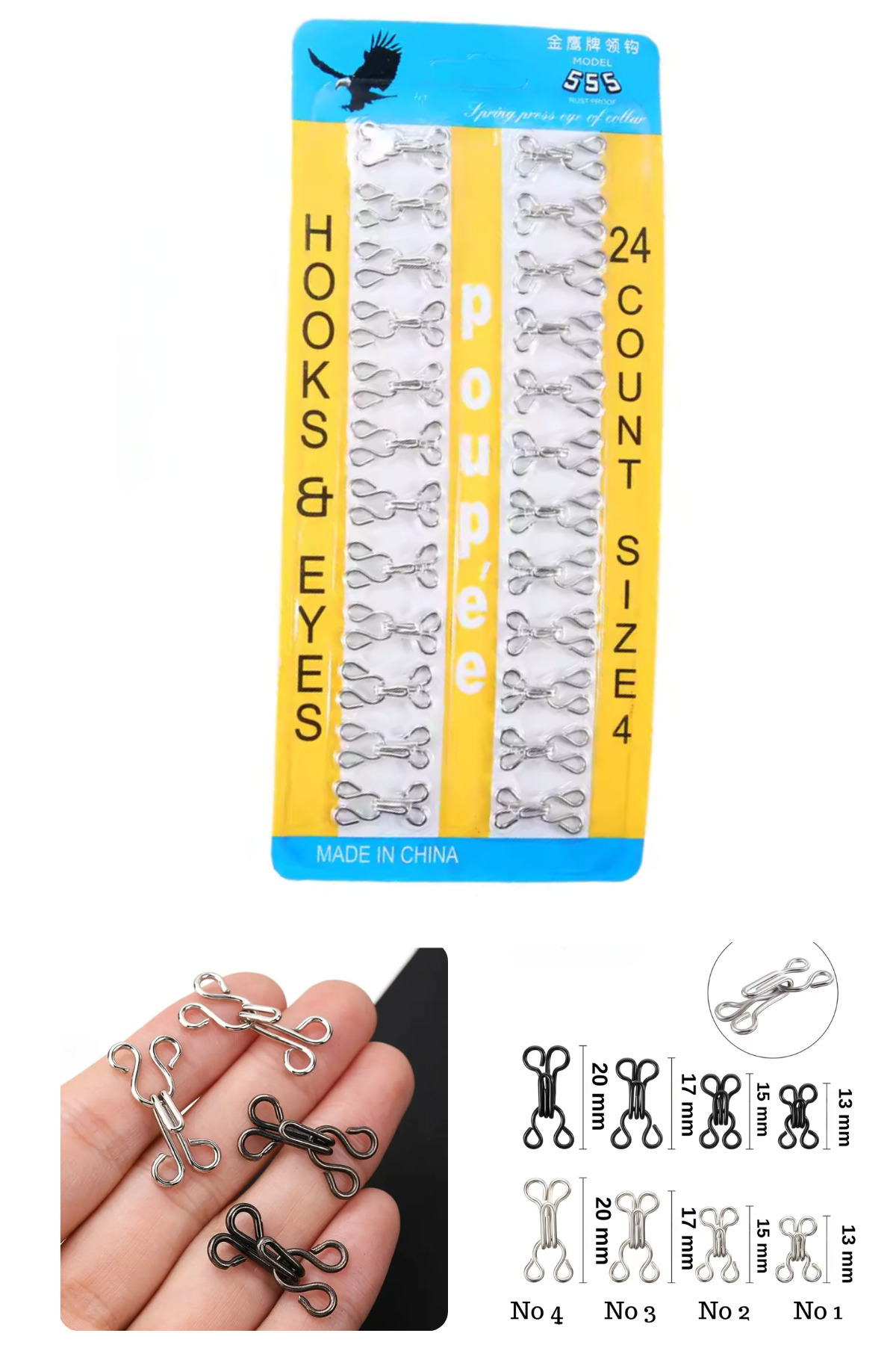 Kardelux Metal Agraf Kanca Kopça ve Göz Kapatma Seti- Gümüş Renk 24 Çift No:4 (21 mm uzunluk)