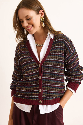 Olalook Kadın Bordo Çizgili Dokulu Triko Hırka HRK-19000374