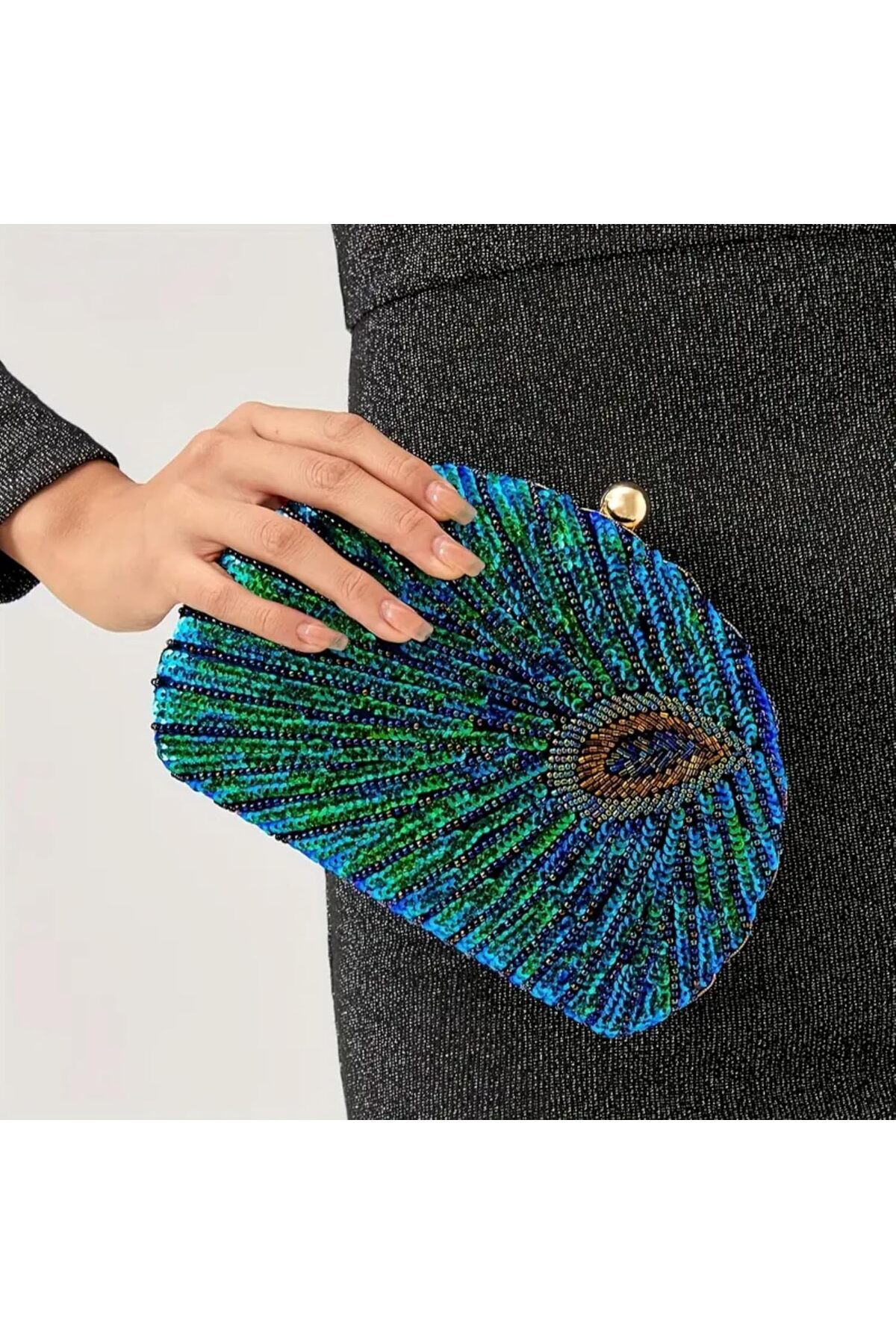 Just Pretty Corner-Elegant Peacock Feather Sequin Evening Clutch-Synthetic Material, with Removable Strap-Black 5
